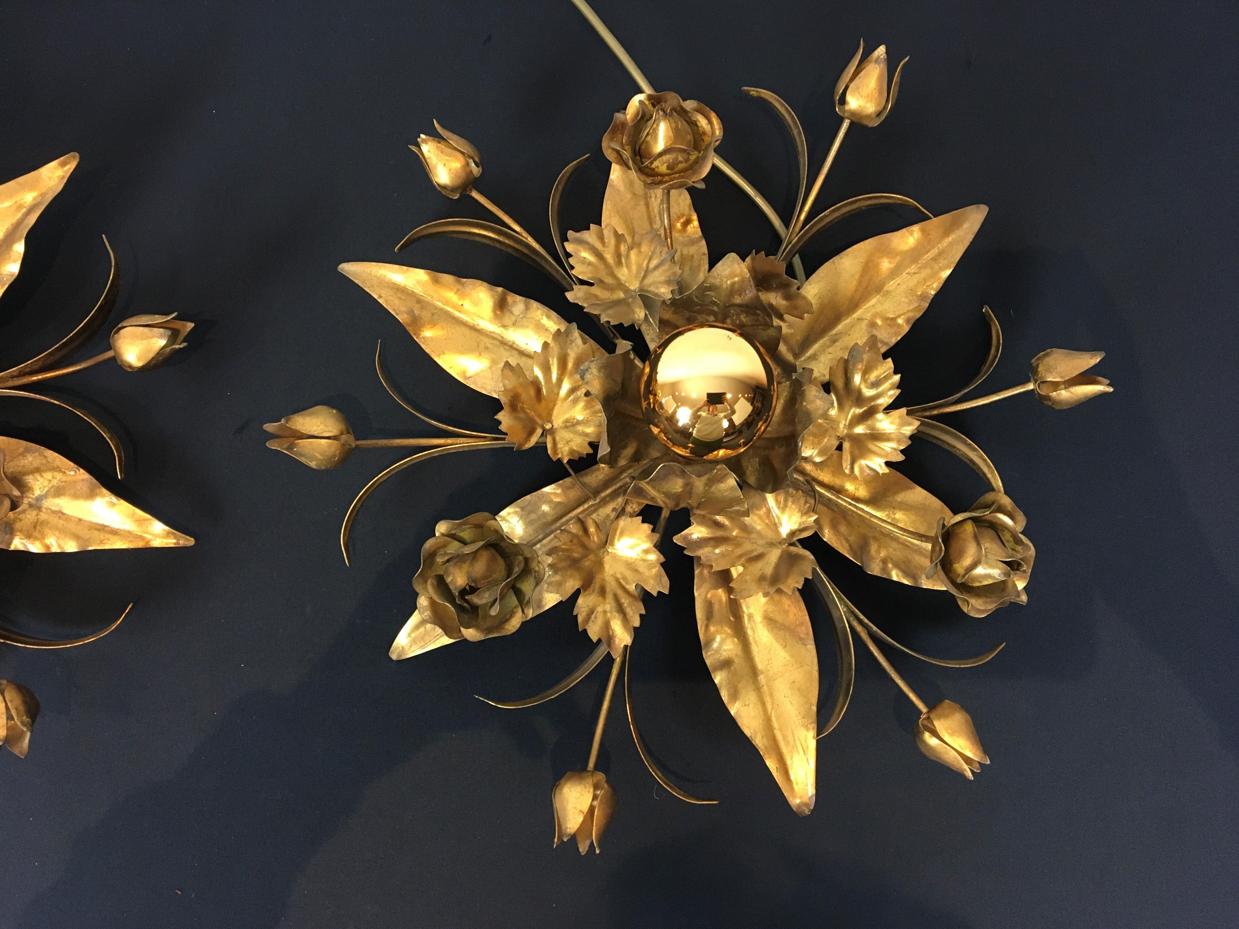 Gilded Metal Flower Flush Mount, Floral Lighting For Sale 9