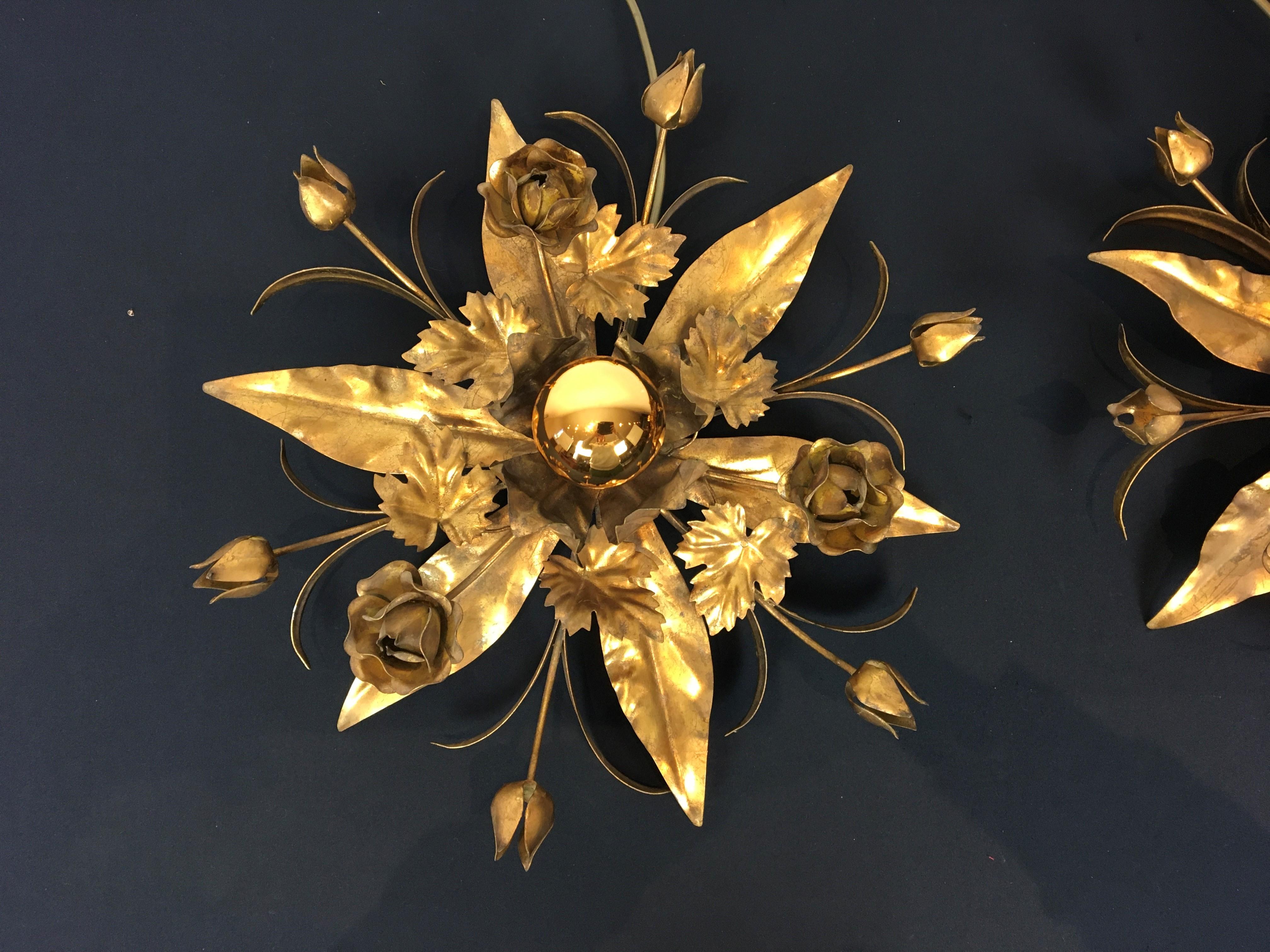 Gilded Metal Flower Flush Mount, Floral Lighting, 2 Pieces Available For Sale 11