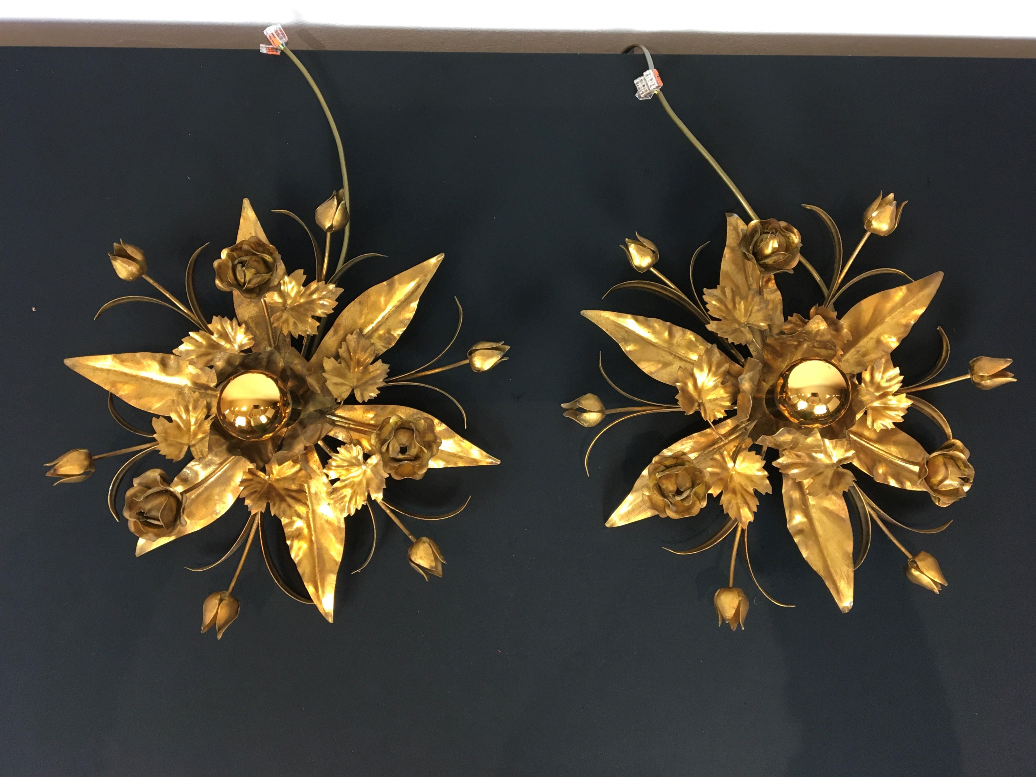 Gilded Metal Flower Flush Mount, Floral Lighting, 2 Pieces Available For Sale 12