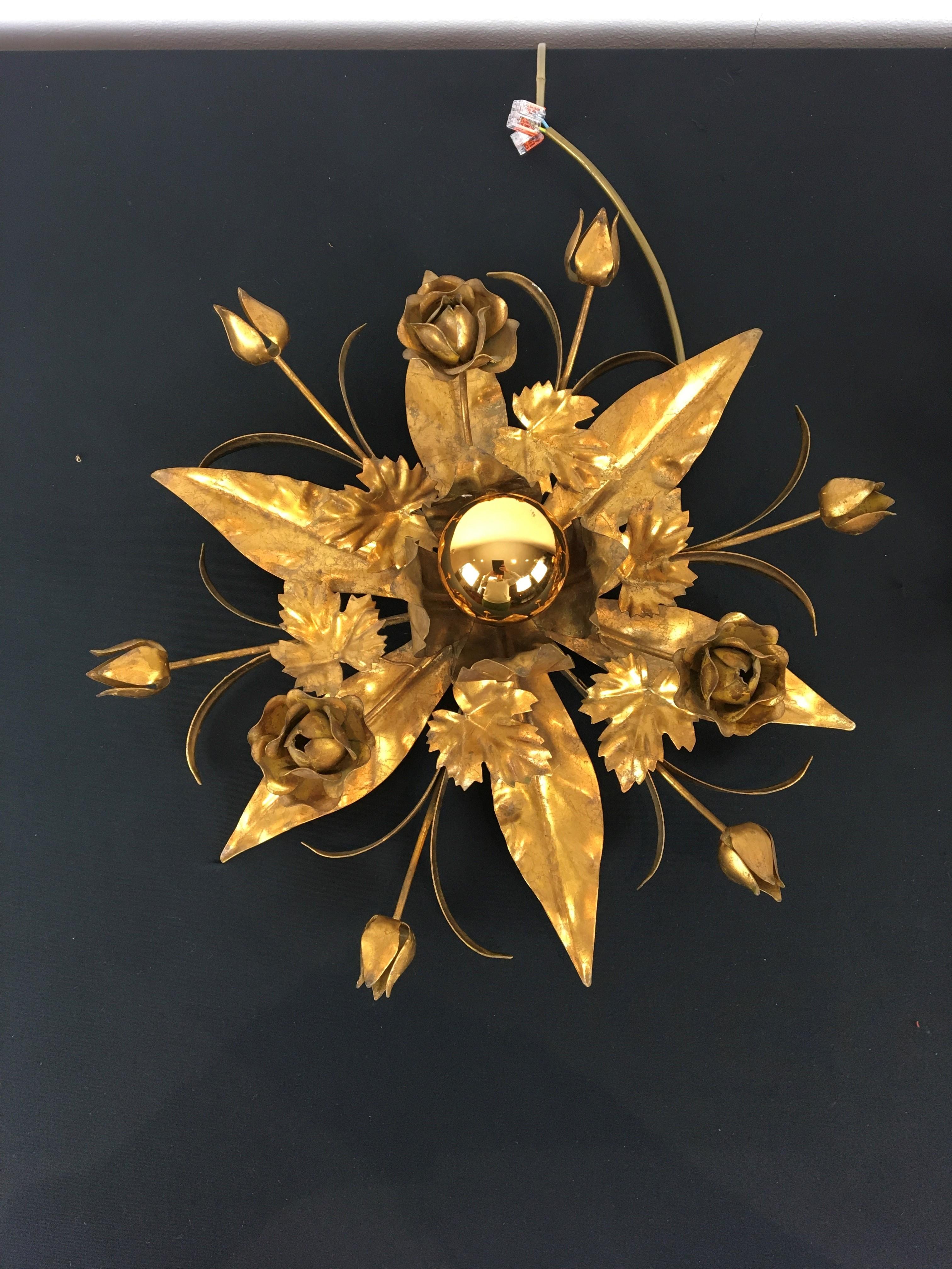 European Gilded Metal Flower Flush Mount, Floral Lighting, 2 Pieces Available For Sale