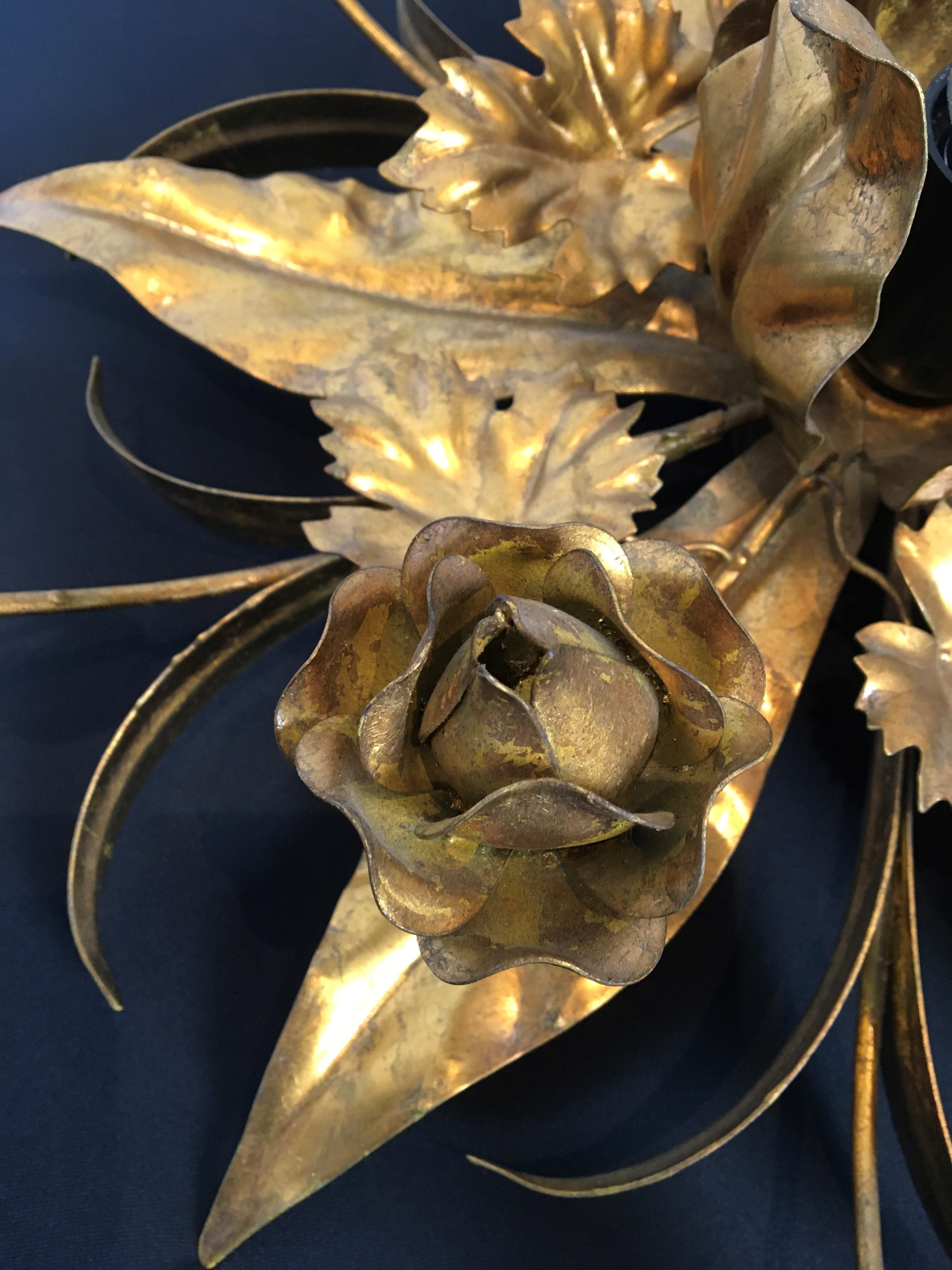 Gilt Gilded Metal Flower Flush Mount, Floral Lighting, 2 Pieces Available For Sale