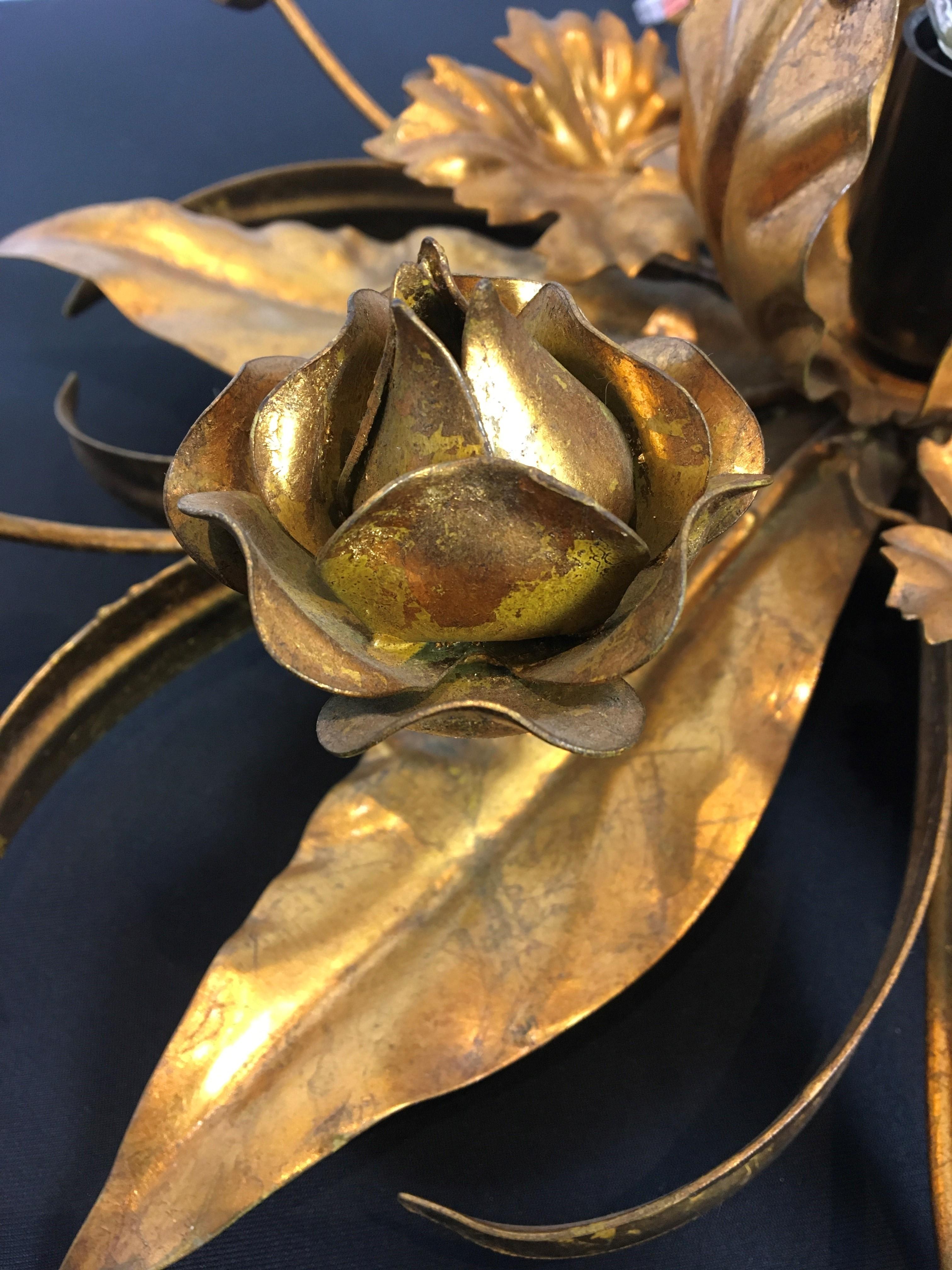 Gilded Metal Flower Flush Mount, Floral Lighting, 2 Pieces Available In Good Condition For Sale In Antwerp, BE