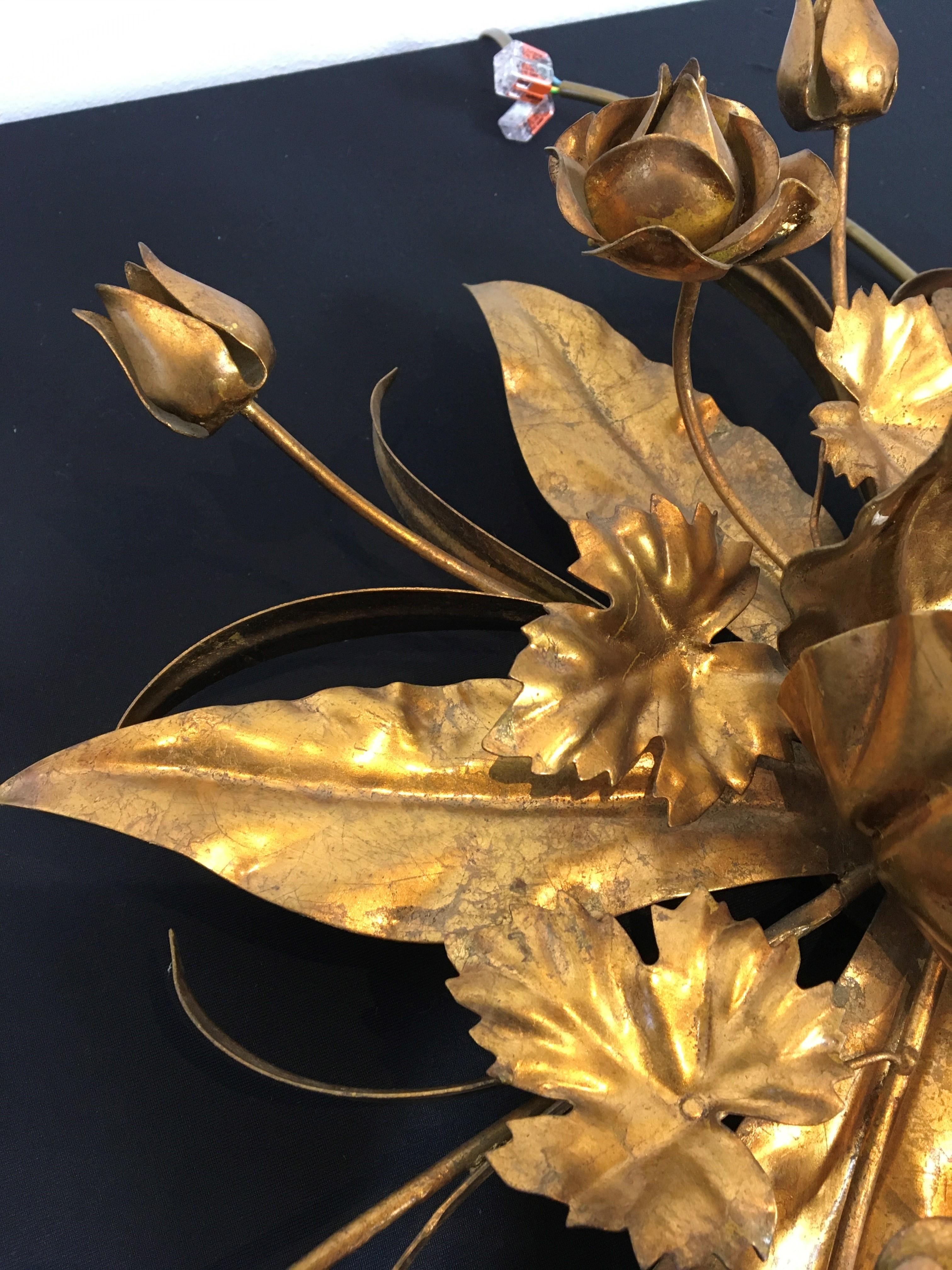 20th Century Gilded Metal Flower Flush Mount, Floral Lighting, 2 Pieces Available For Sale