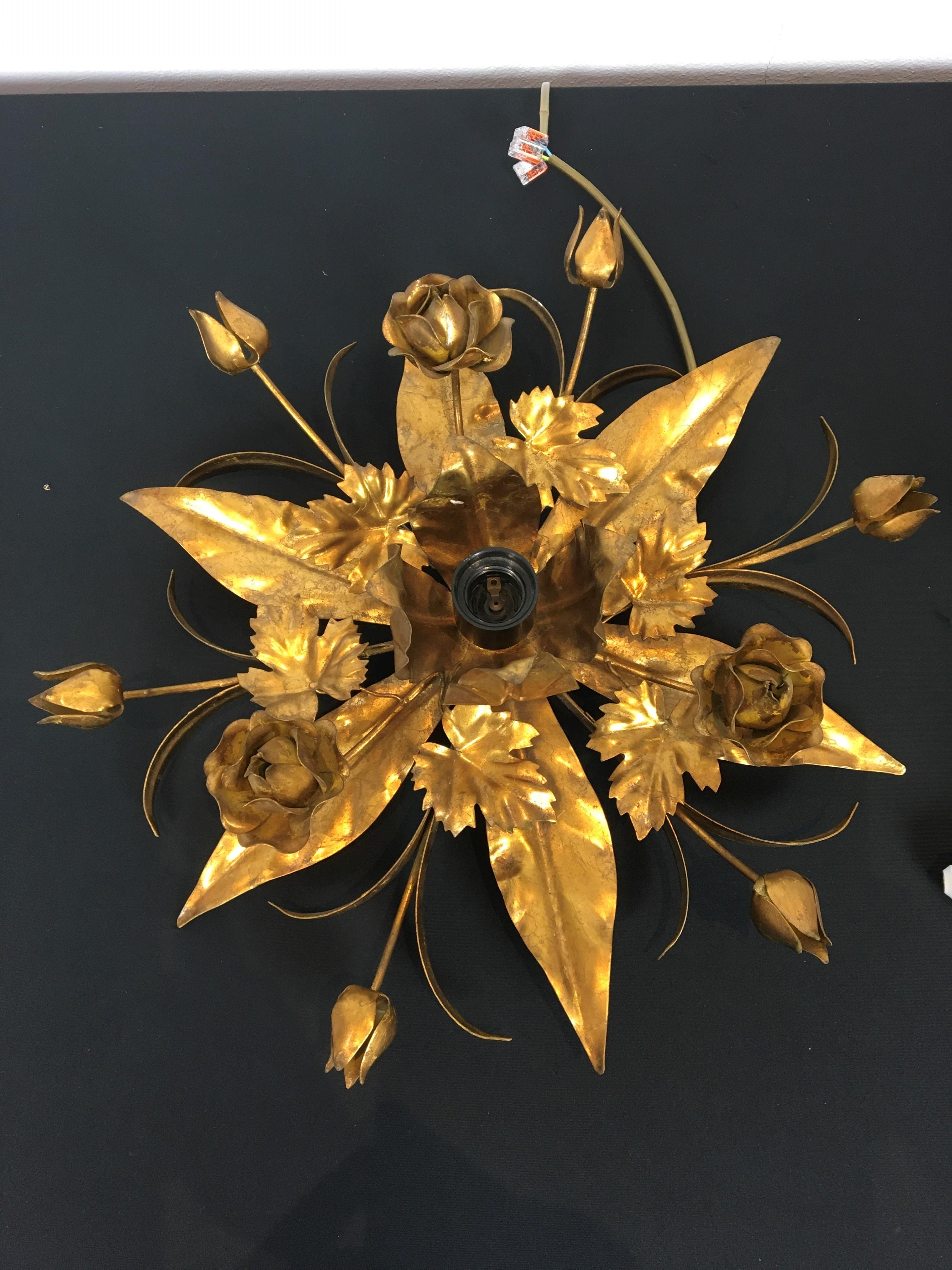 Gilded Metal Flower Flush Mount, Floral Lighting, 2 Pieces Available For Sale 2