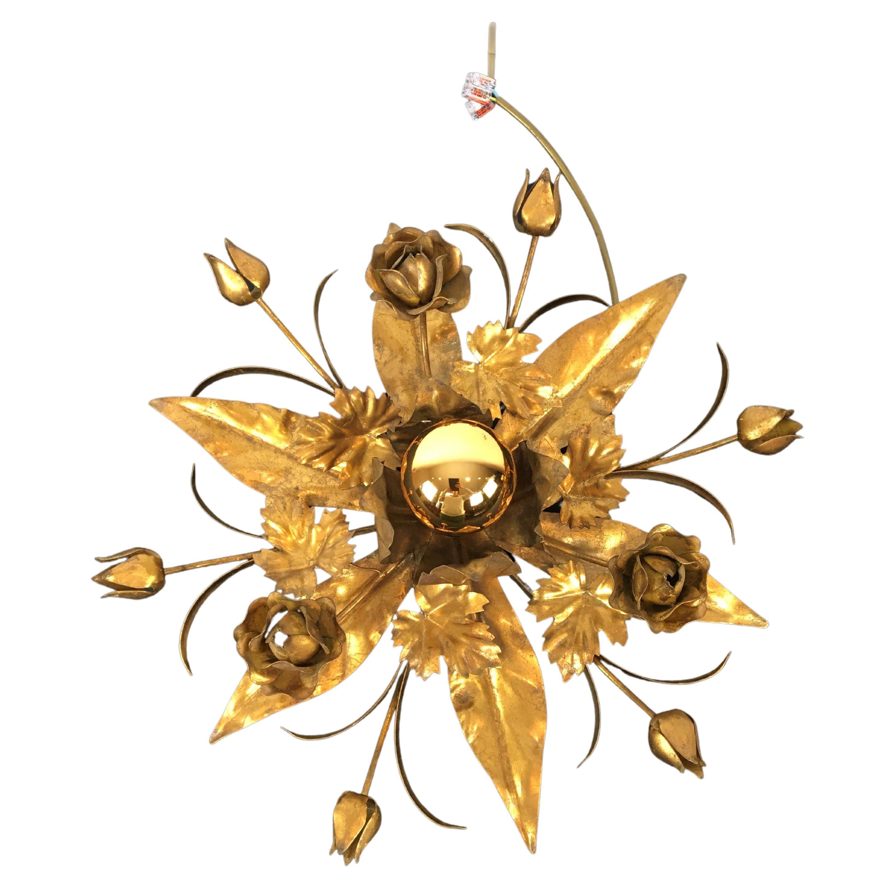 Gilded Metal Flower Flush Mount, Floral Lighting, 2 Pieces Available For Sale