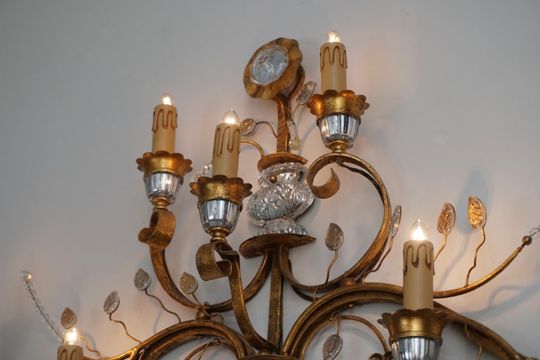 Gilded Metal Leaf and Glass Flower Wall Sconce Light Fixture For Sale 8