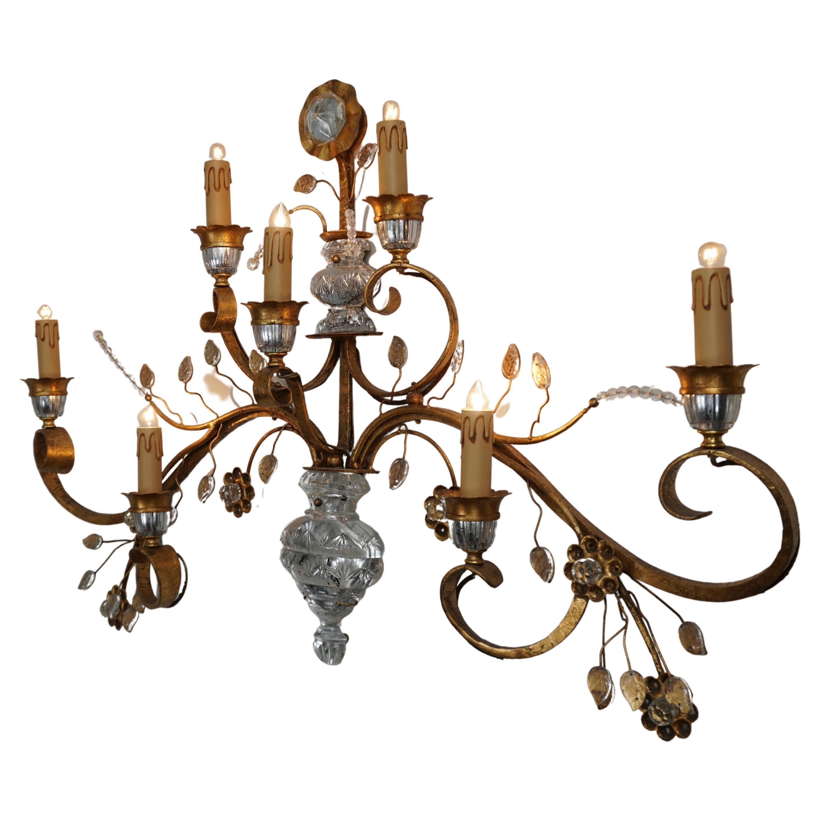 Very nice large Hollywood Regency style gilt metal and glass wall light fixture.