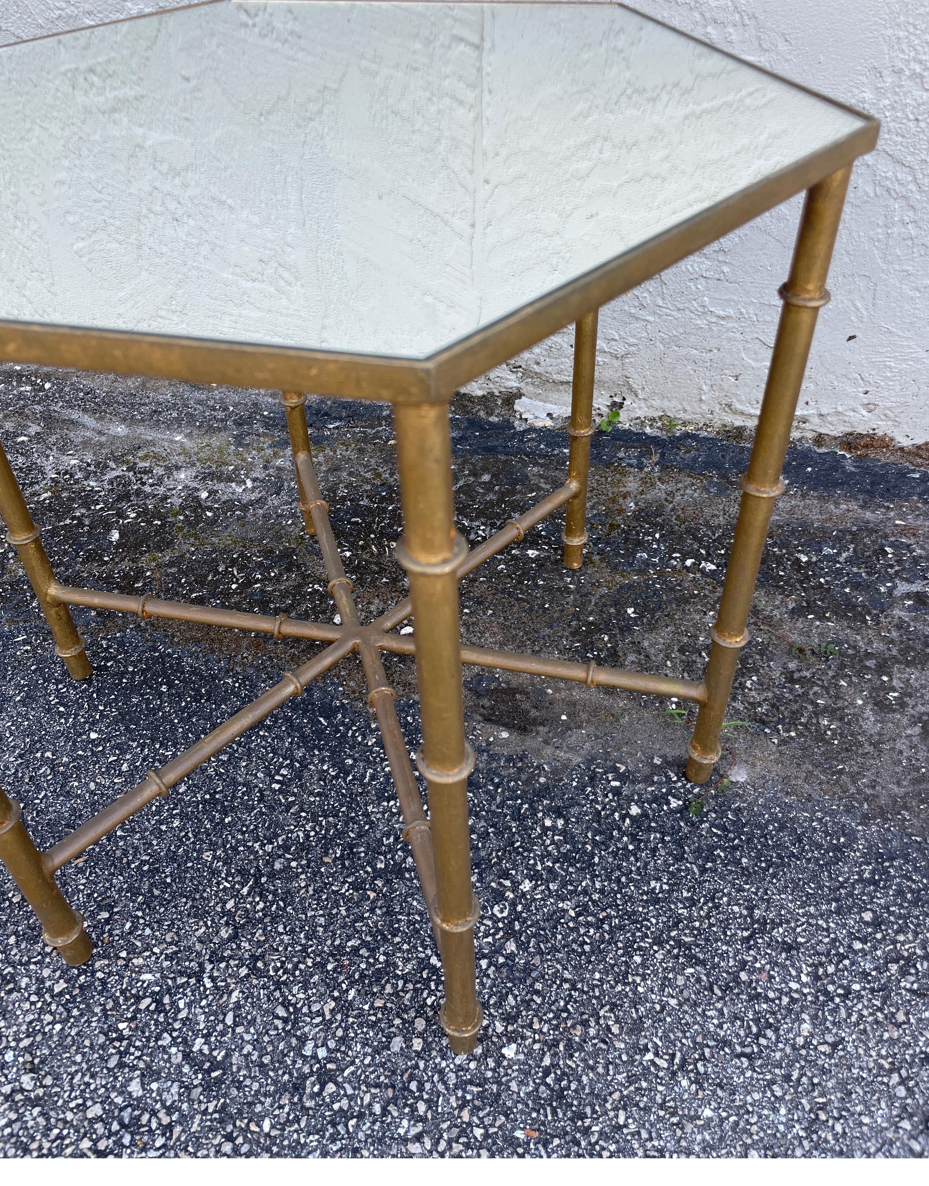 Italian Gilded Metal Octagon Faux Bamboo Mirrored Drinks Table For Sale