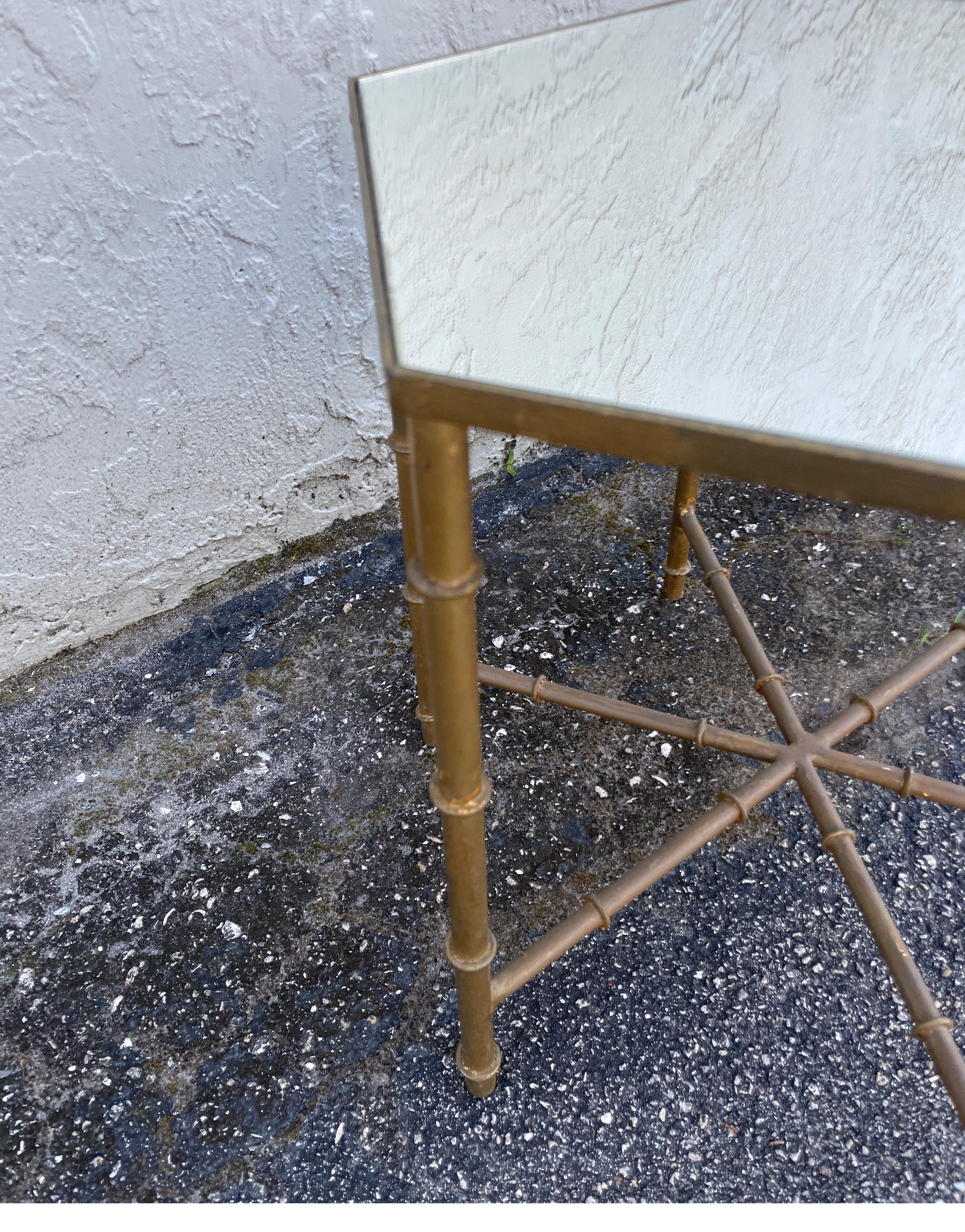 Gilded Metal Octagon Faux Bamboo Mirrored Drinks Table In Good Condition For Sale In West Palm Beach, FL