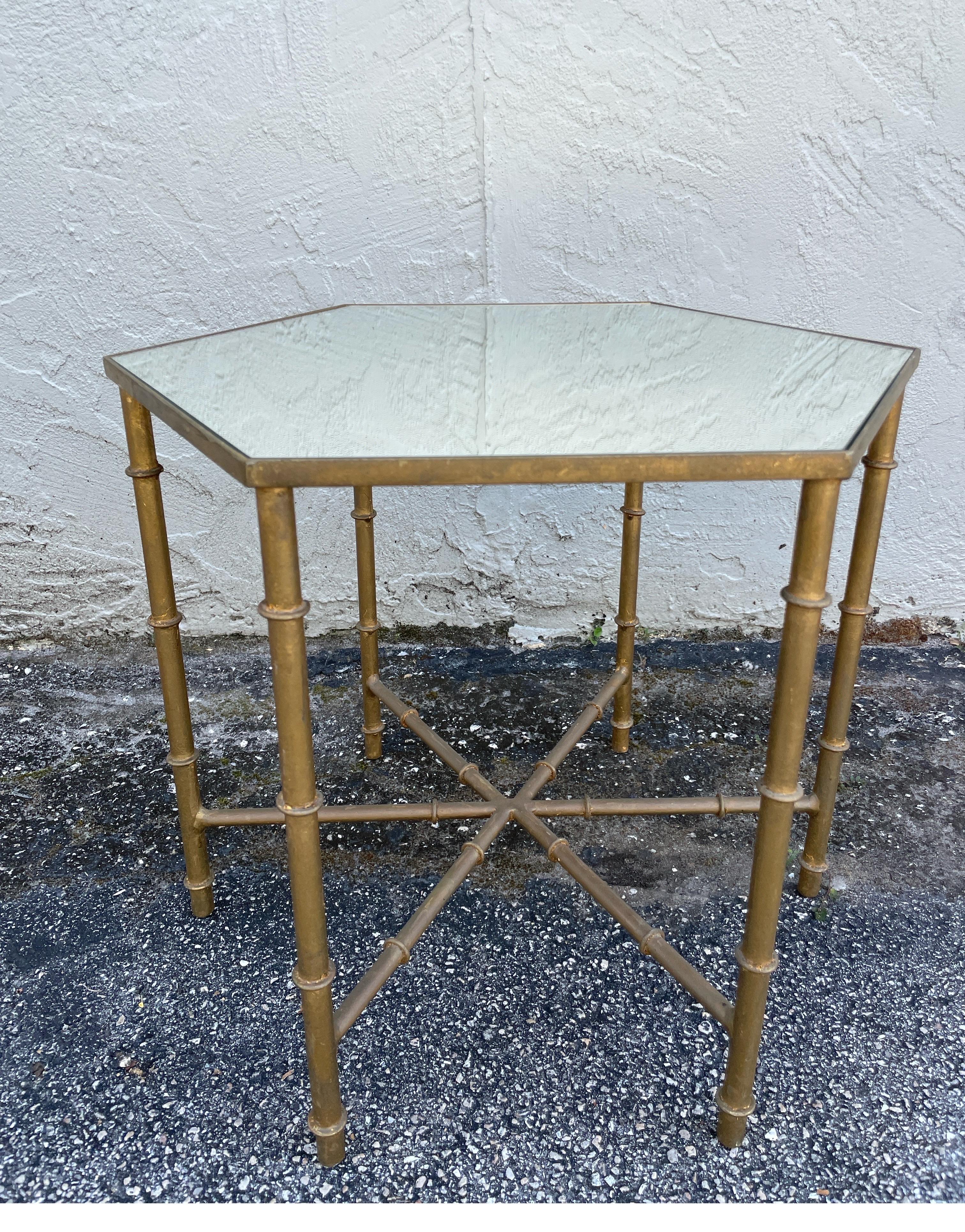 20th Century Gilded Metal Octagon Faux Bamboo Mirrored Drinks Table For Sale