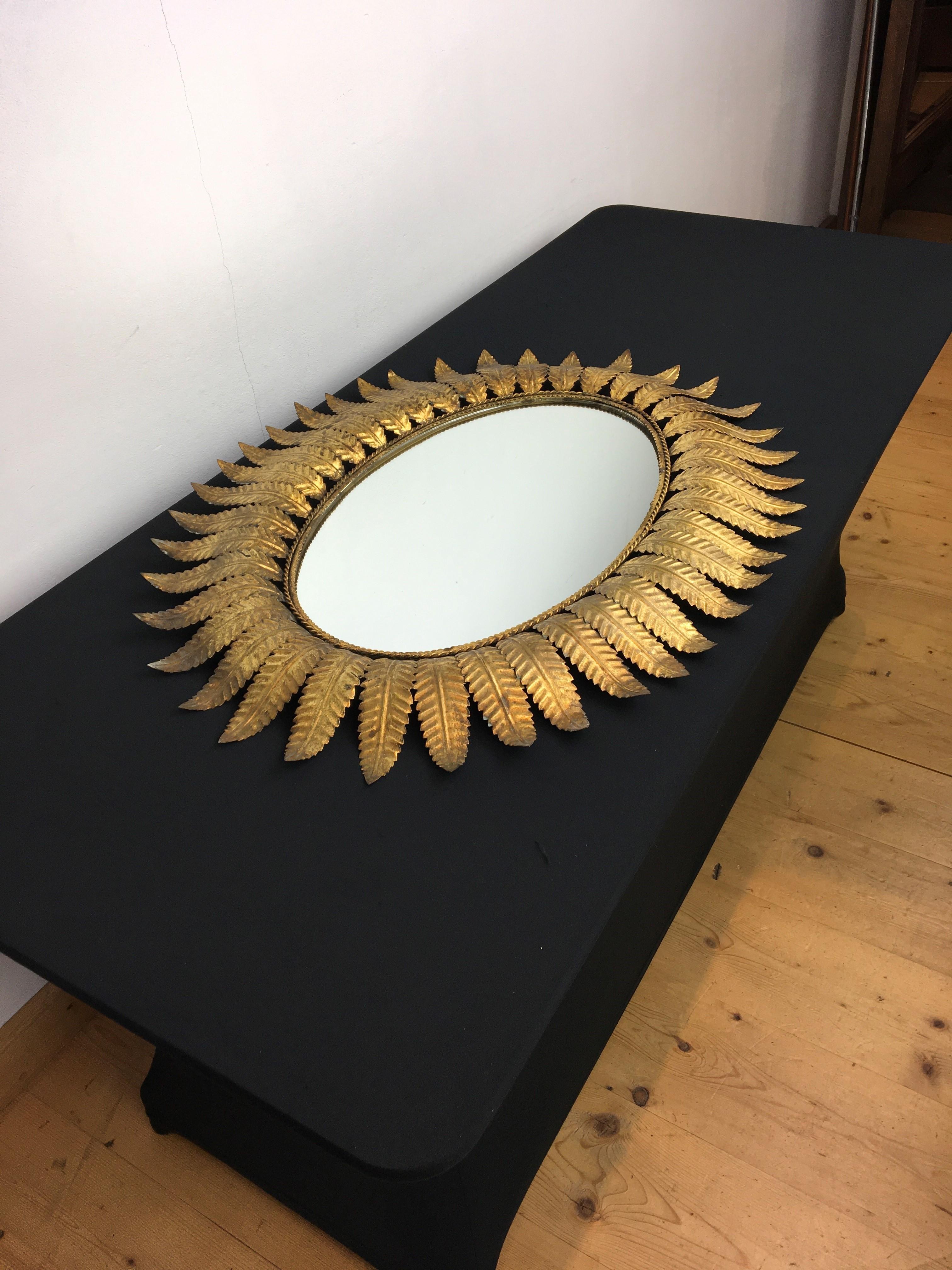 Mid-Century Modern Gilded Metal Oval Mirror with Leaves, Spain