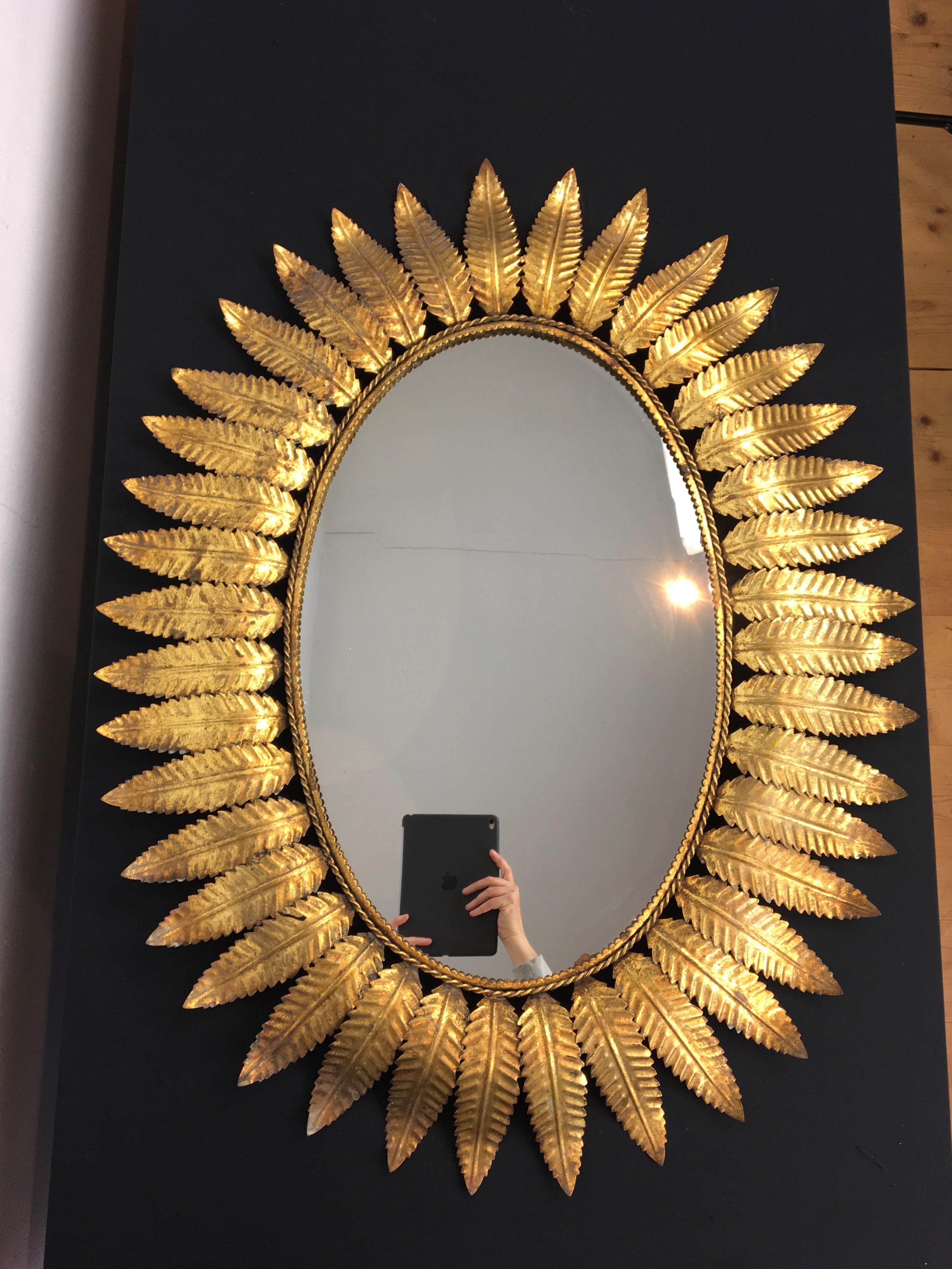 Spanish Gilded Metal Oval Mirror with Leaves, Spain