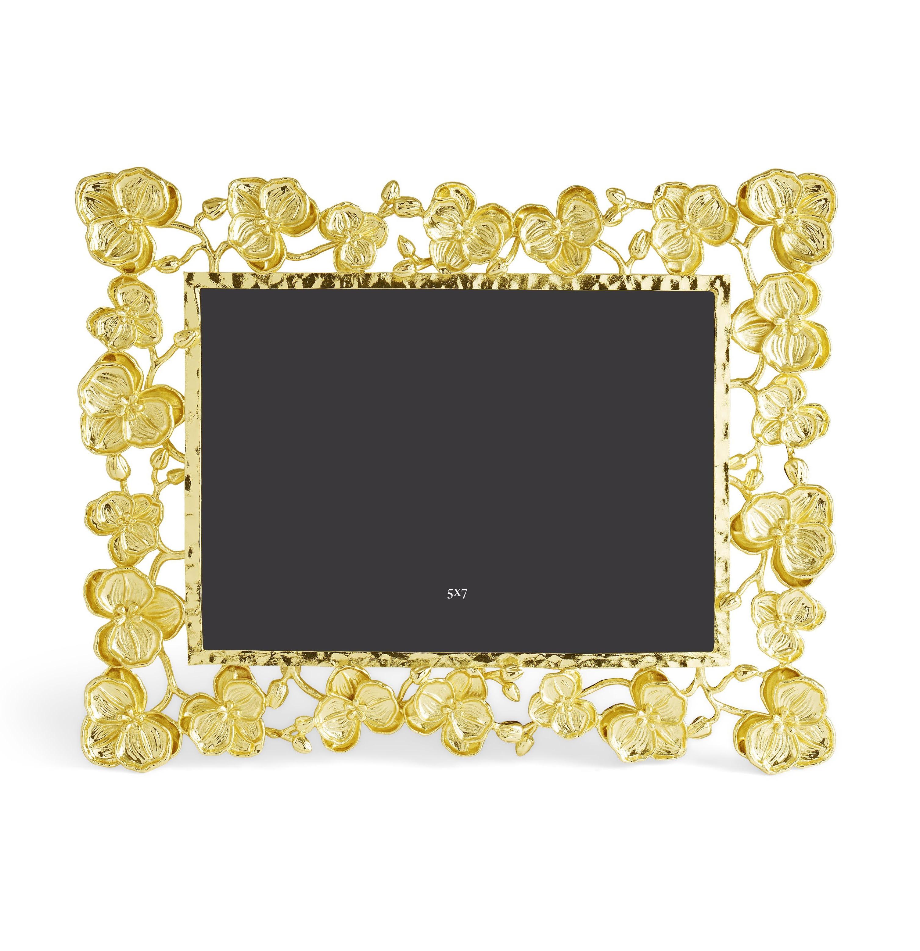Marco de fotos de metal dorado con motivo de orquídeas. Francés en venta