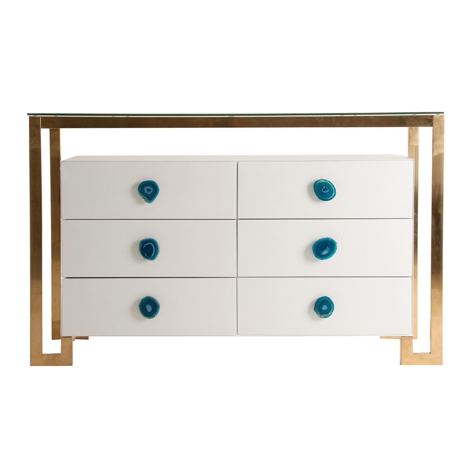 Gilded metal and white lacquer wooden with agate handles and glass tray large chest of drawers.