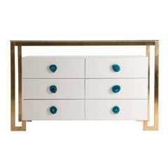 Gilded Metal with White Lacquer Wooden and Agate Handles Large Chest of Drawers