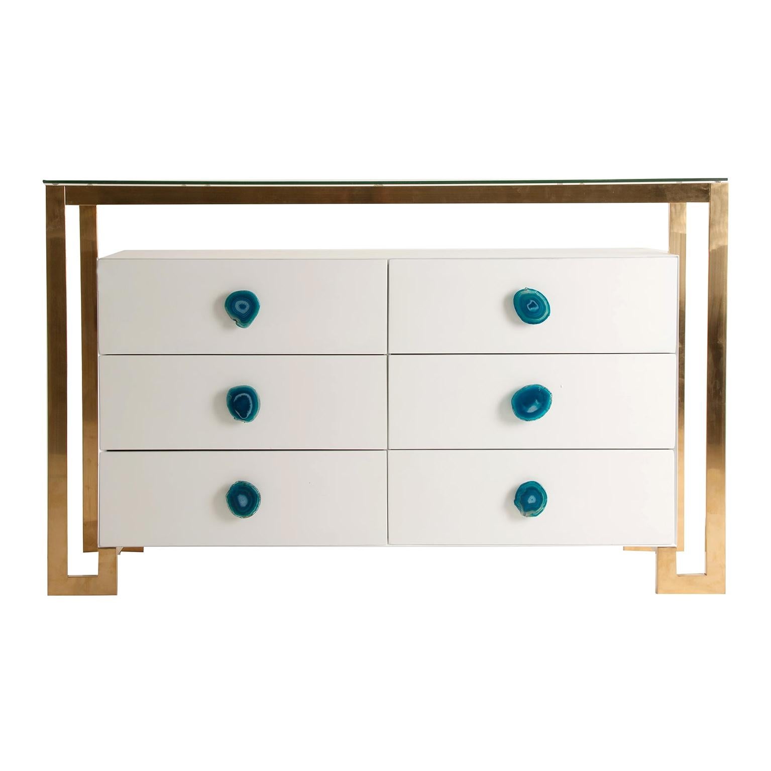 Gilded Metal with White Lacquer Wooden and Agate Handles Large Chest of Drawers