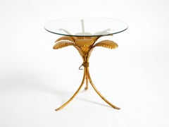 Gilded Mid-Century Florentine Side Table with Large Leaves and Glass Top