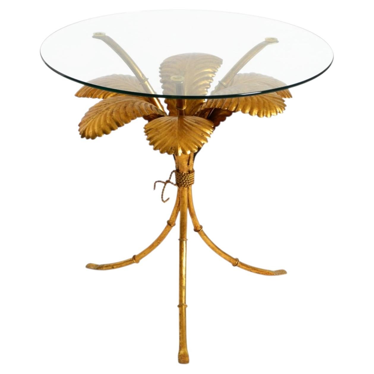 Gilded Mid-Century Florentine Side Table with Large Leaves and Glass Top