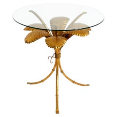 Gilded Mid-Century Florentine Side Table with Large Leaves and Glass Top