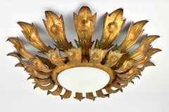 Gilded Mid Century Spanish Flush Mount with Green Patina, 1950s