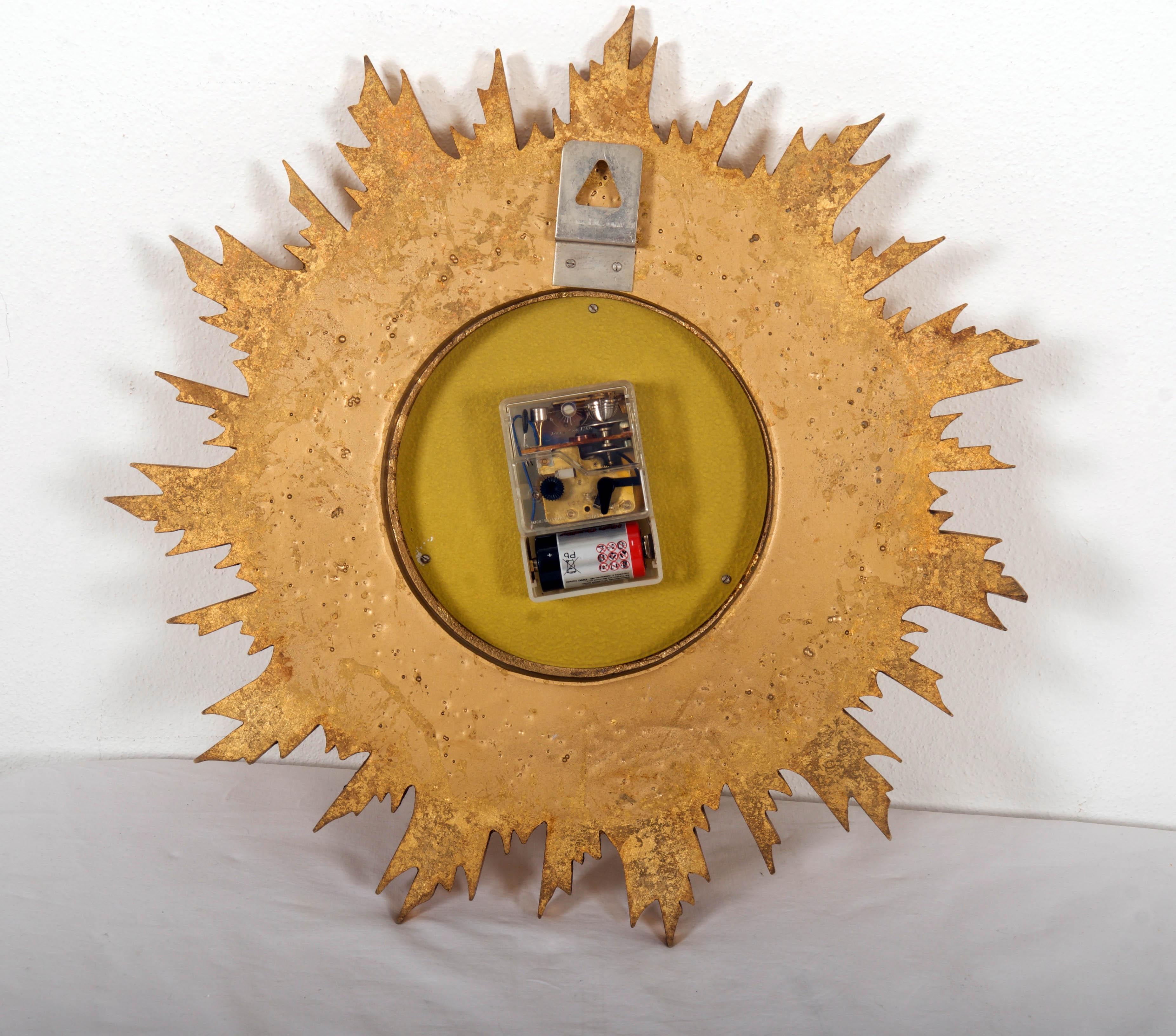 Gold Plate Gilded Mid-Century Sunburst Starburst Wall Clock Vedette France