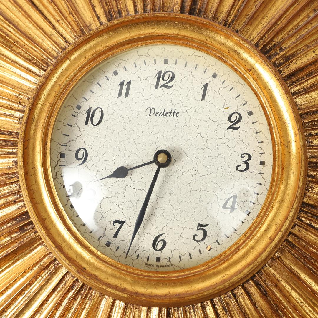 Mid-Century Modern Gilded Mid-Century Sunburst Starburst Wall Clock Vedette France