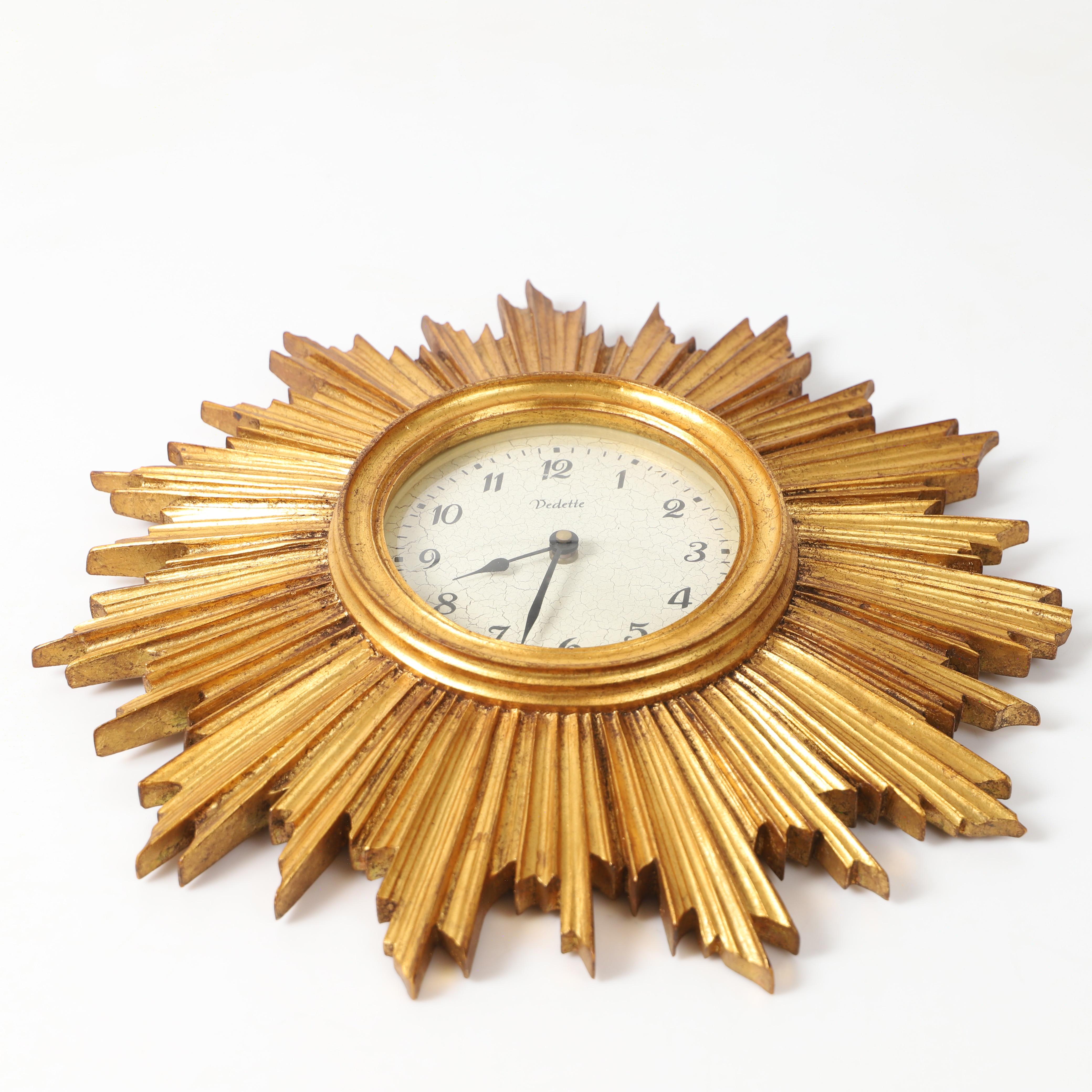 French Gilded Mid-Century Sunburst Starburst Wall Clock Vedette France