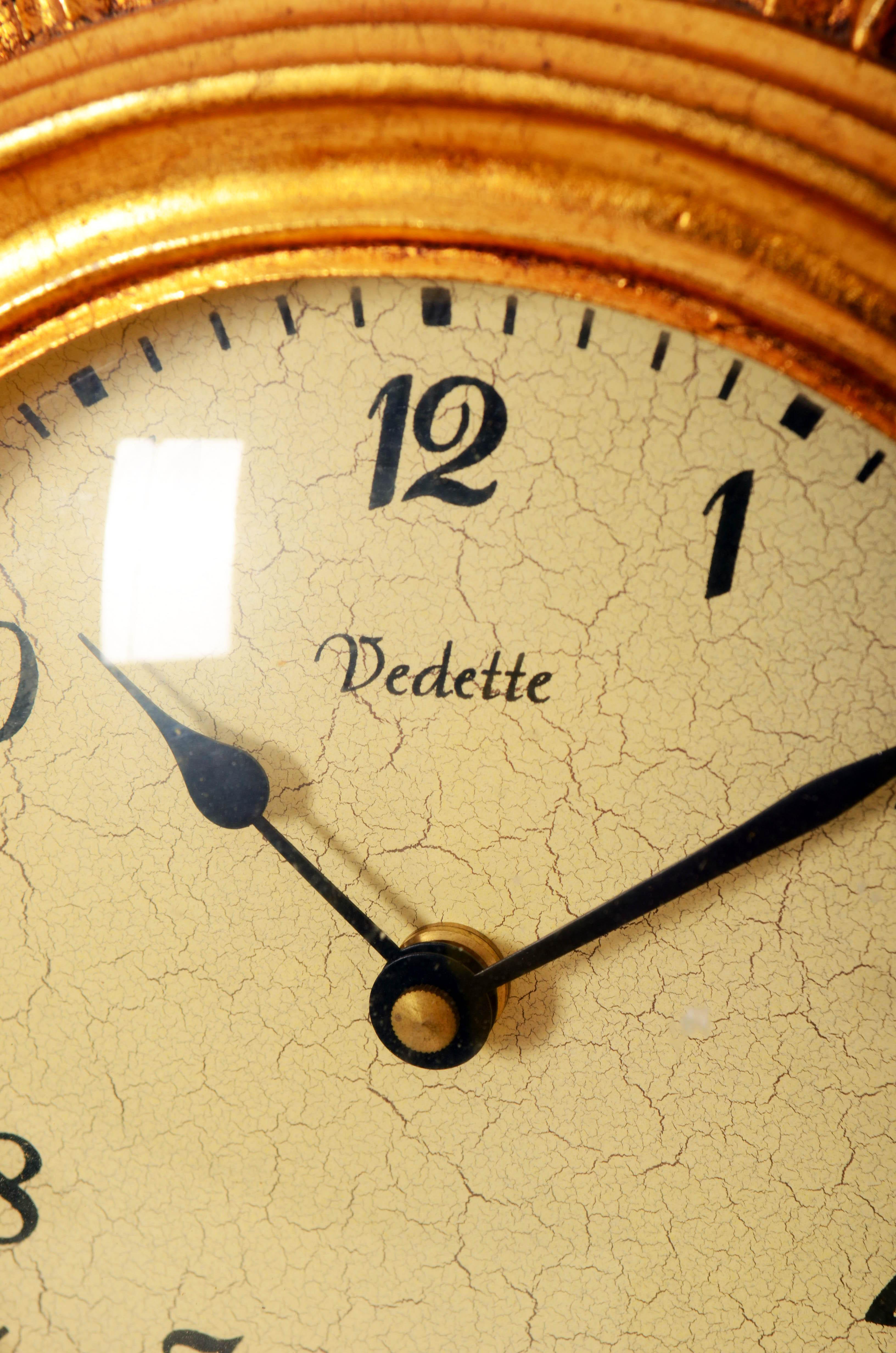 Mid-Century Modern Gilded Mid-Century Sunburst Starburst Wall Clock Vedette France