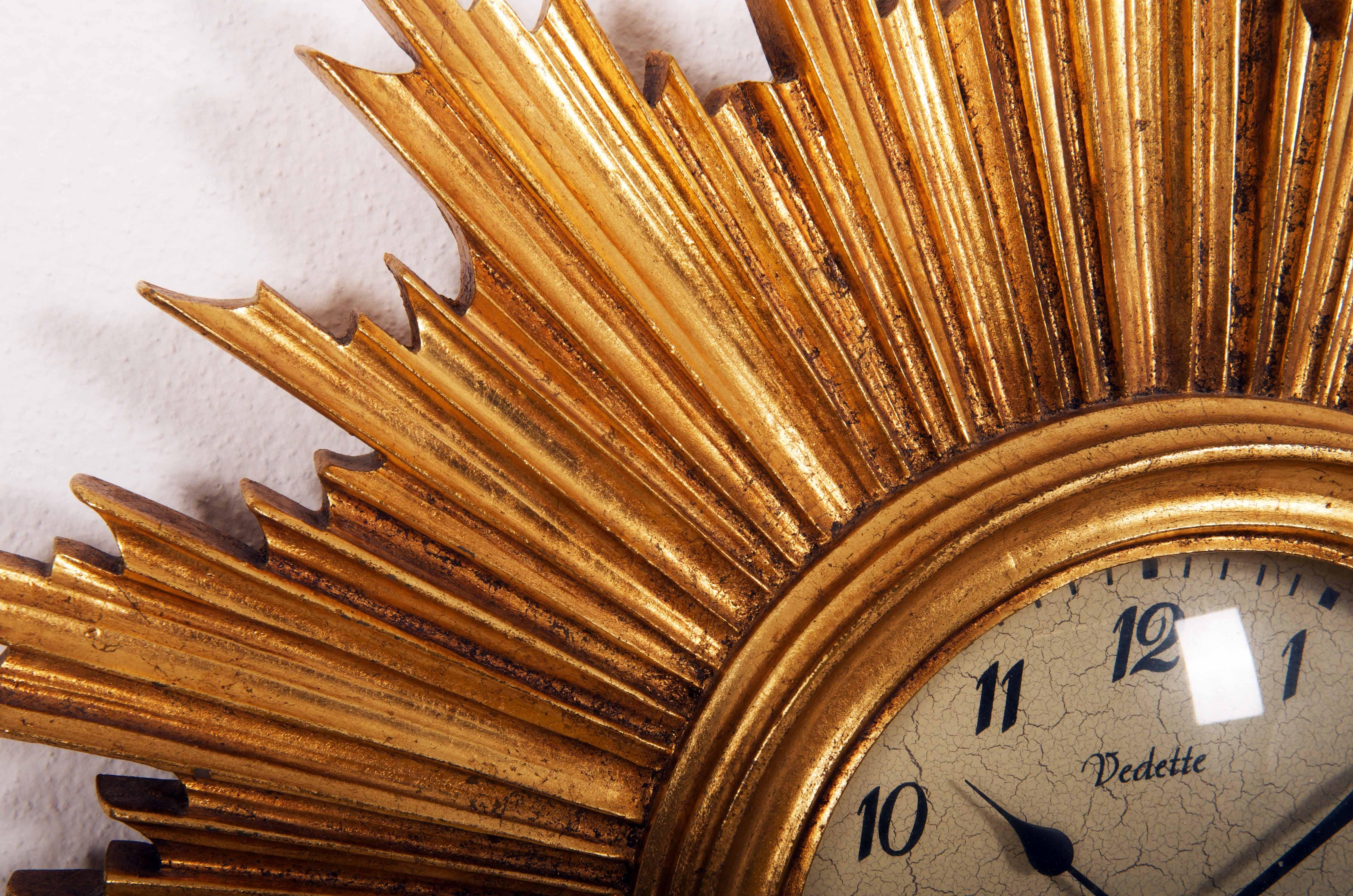 Mid-20th Century Gilded Mid-Century Sunburst Starburst Wall Clock Vedette France