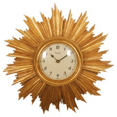 Vintage Gilded Mid-Century Sunburst Starburst Wall Clock Vedette France