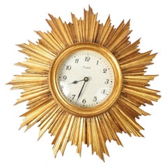 Vintage Gilded Mid-Century Sunburst Starburst Wall Clock Vedette France