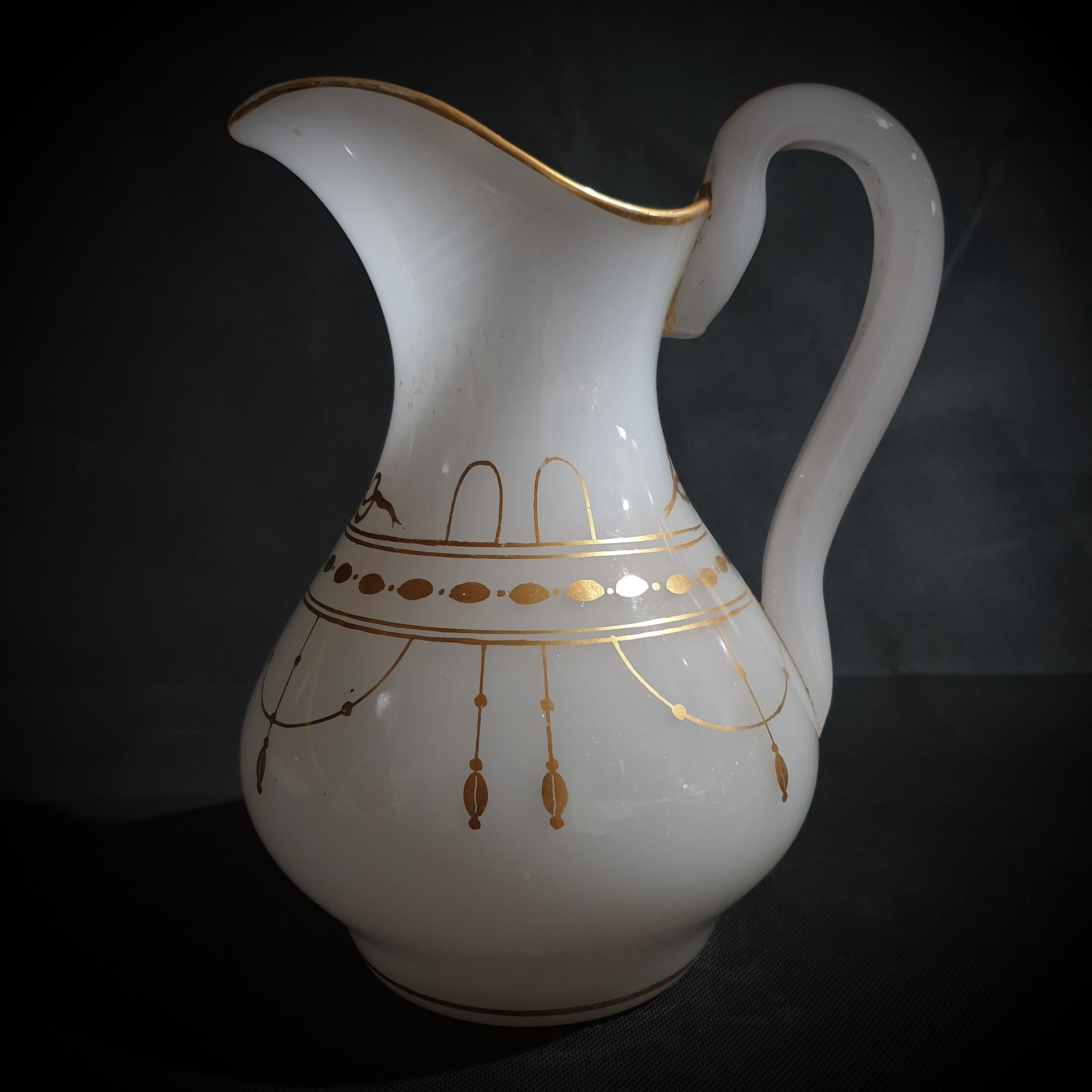 Gilded Milky White Translucent Opaline Glass Pitcher & Bowl. France Late 19th C For Sale 2