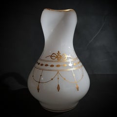 Gilded Milky White Translucent Opaline Glass Pitcher & Bowl. France Late 19th C