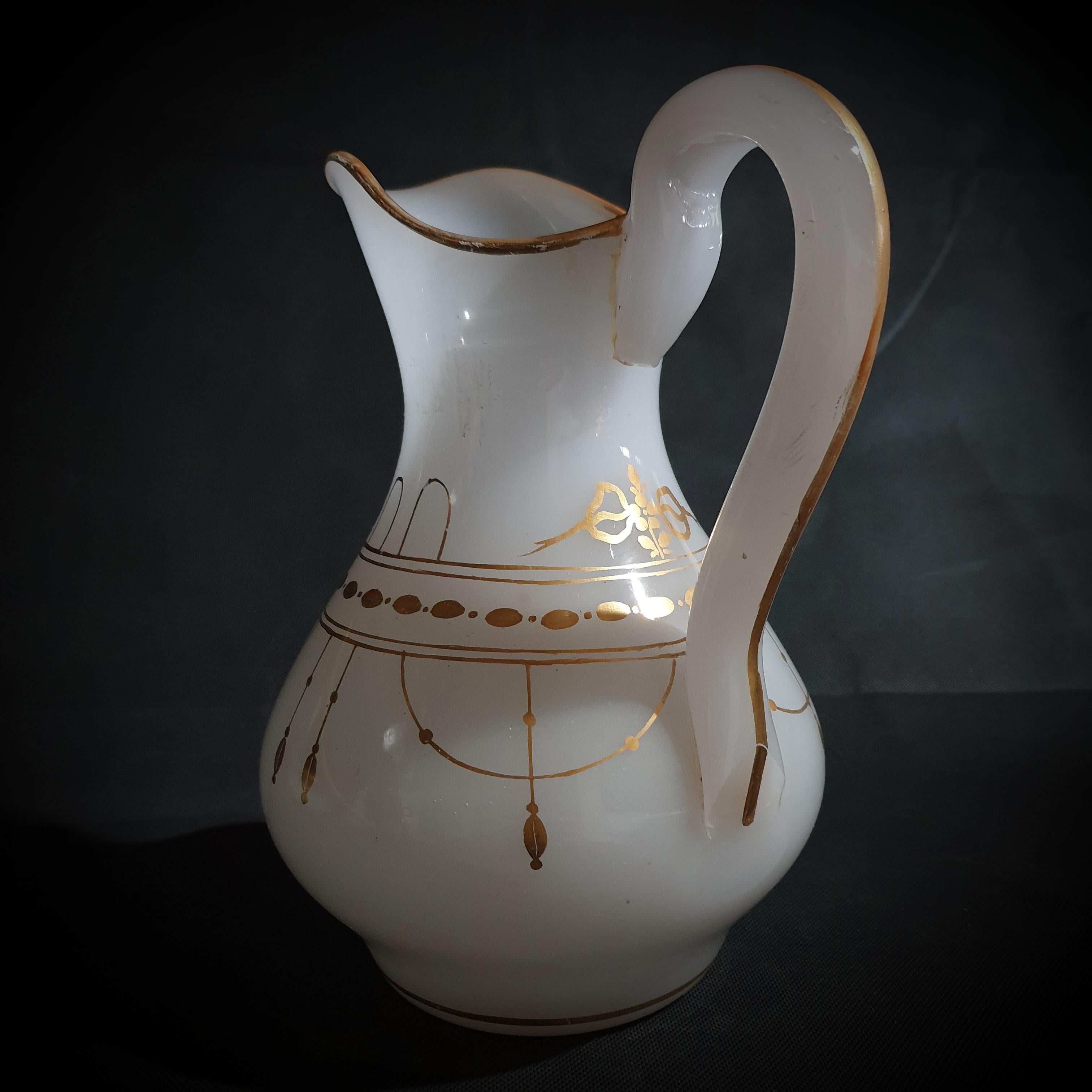 Victorian Gilded Milky White Translucent Opaline Glass Pitcher & Bowl. France Late 19th C For Sale