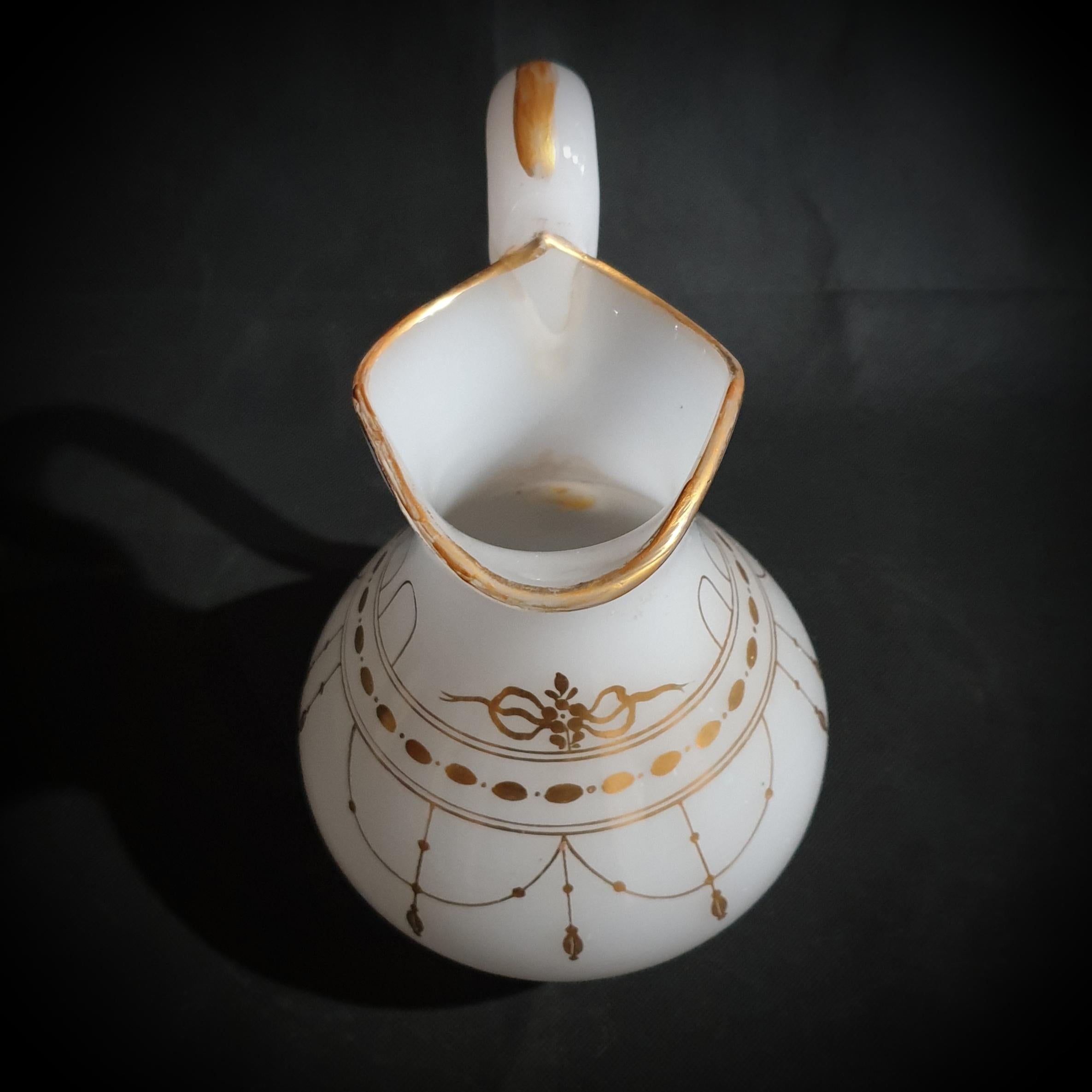 French Gilded Milky White Translucent Opaline Glass Pitcher & Bowl. France Late 19th C For Sale
