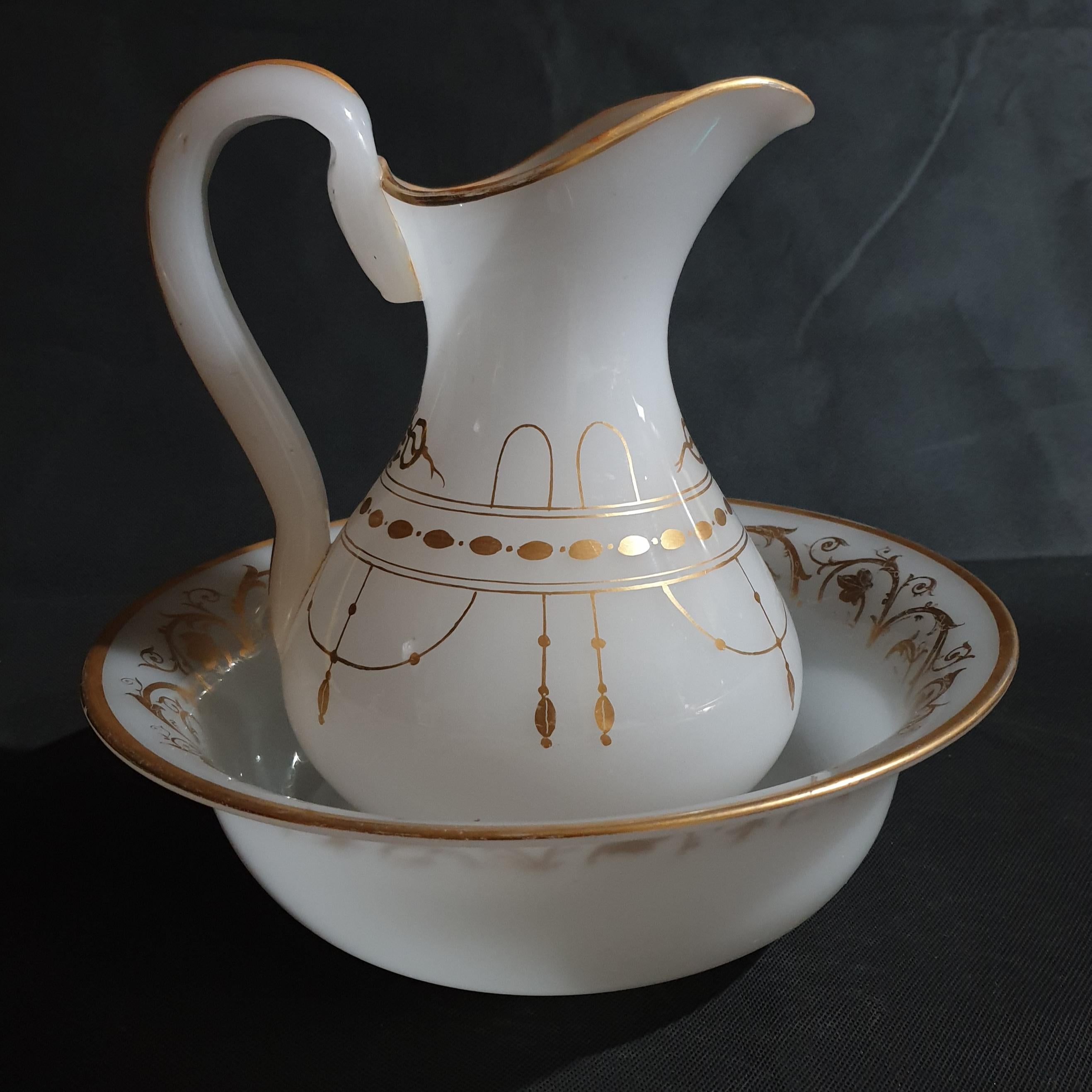 Gilded Milky White Translucent Opaline Glass Pitcher & Bowl. France Late 19th C In Good Condition For Sale In Queens Village, NY