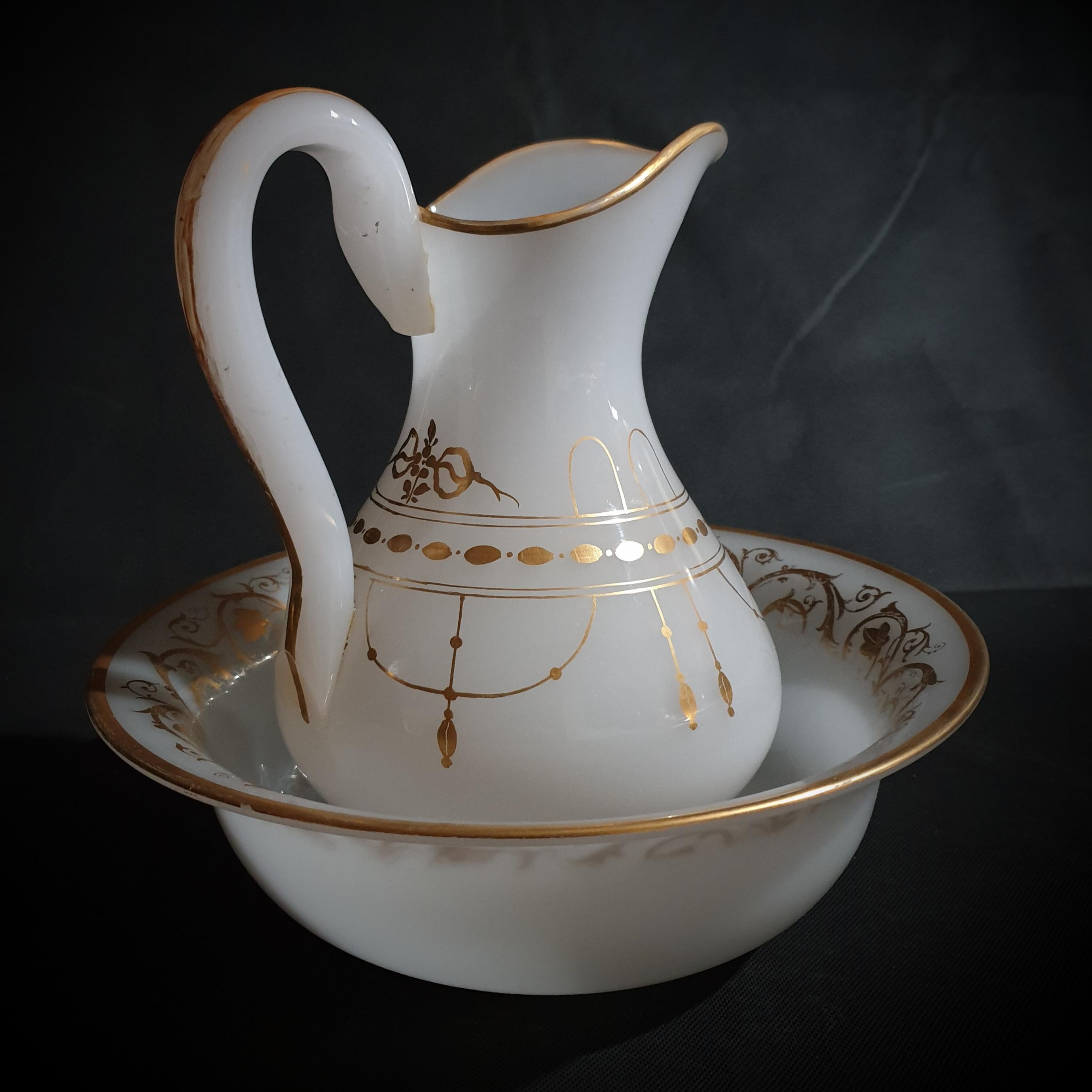 19th Century Gilded Milky White Translucent Opaline Glass Pitcher & Bowl. France Late 19th C For Sale