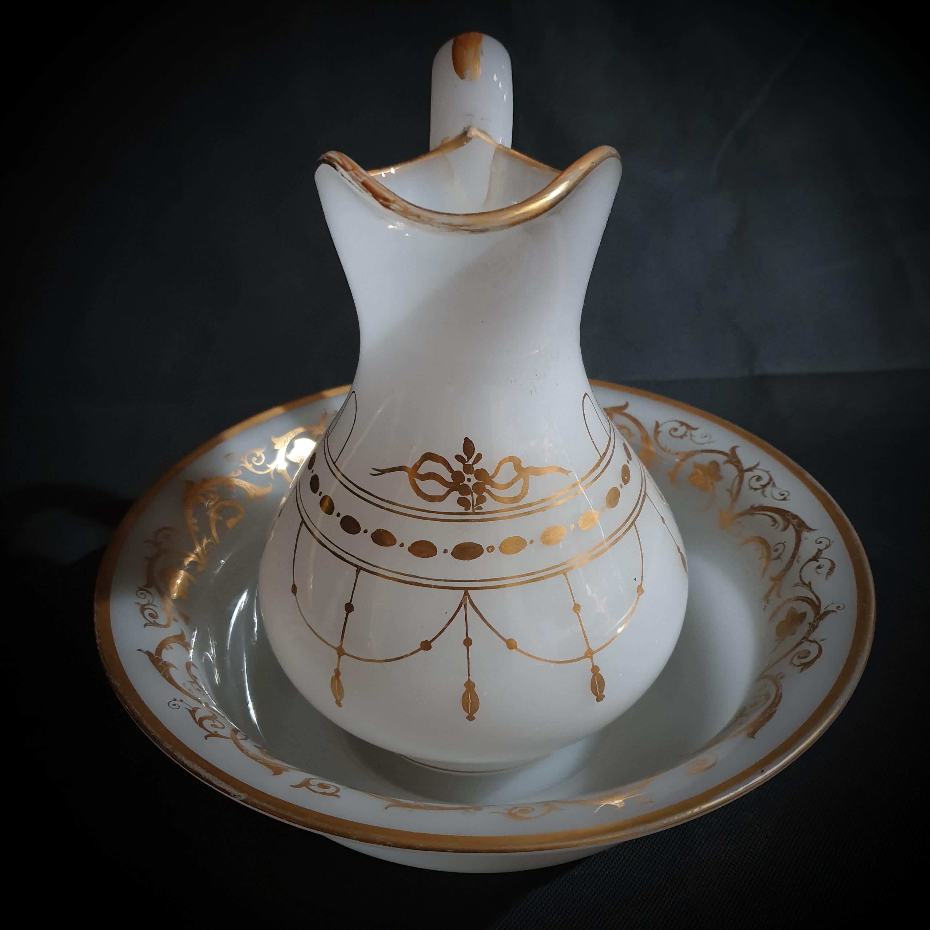 Gold Gilded Milky White Translucent Opaline Glass Pitcher & Bowl. France Late 19th C For Sale
