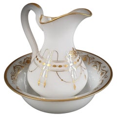 Gilded Milky White Translucent Opaline Glass Pitcher & Bowl. France Late 19th C