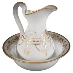 Antique Gilded Milky White Translucent Opaline Glass Pitcher & Bowl. France Late 19th C