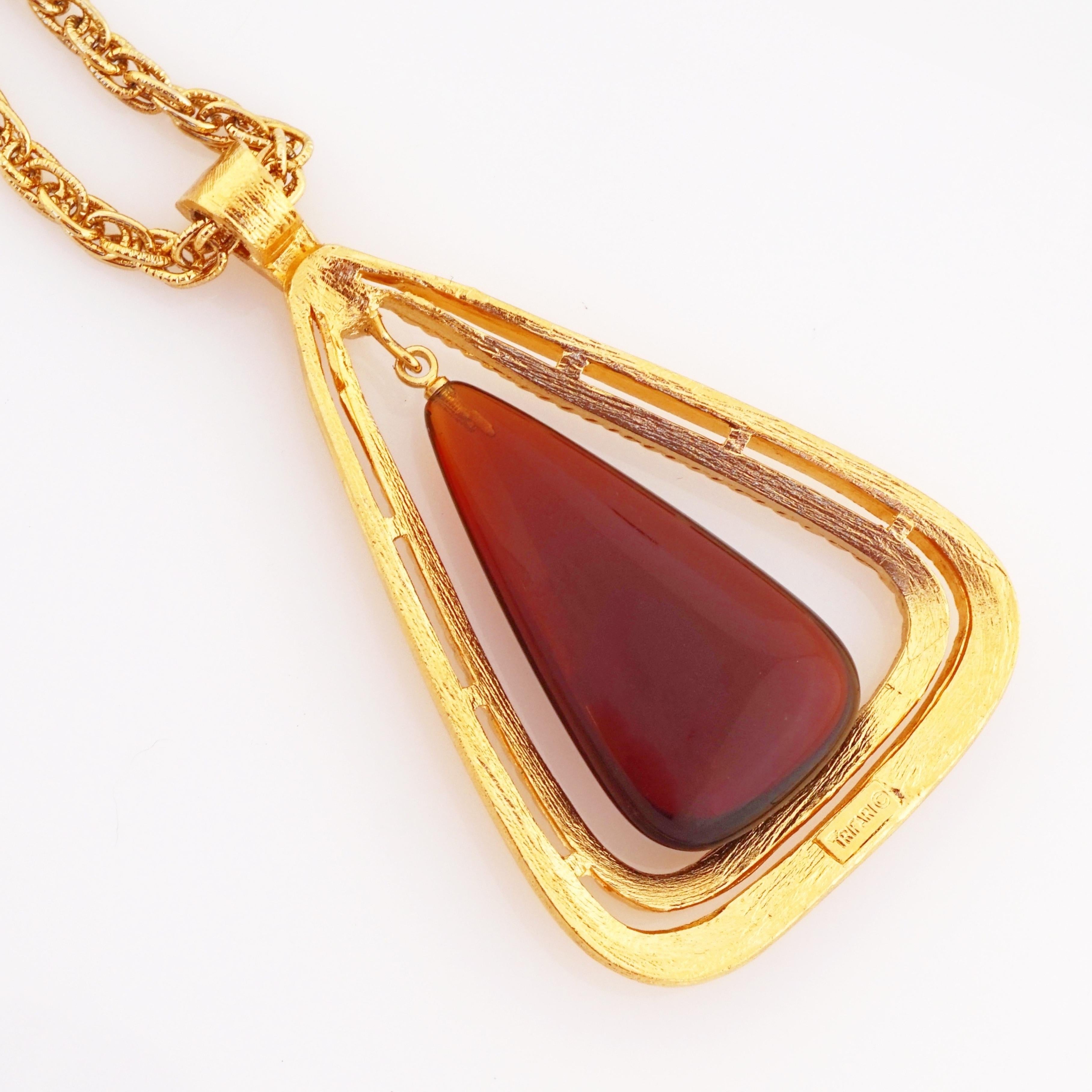 Women's Gilded Modernist Pendant Necklace With Lucite Dangle By Crown Trifari, 1960s For Sale