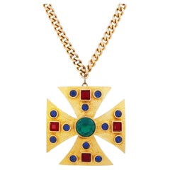 Vintage Gilded Mughal Maltese Cross Pendant Statement Necklace By Kenneth Jay Lane