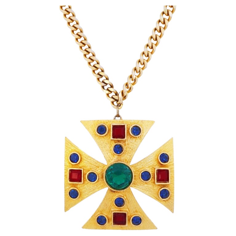 Gilded Mughal Maltese Cross Pendant Statement Necklace By Kenneth Jay Lane For Sale