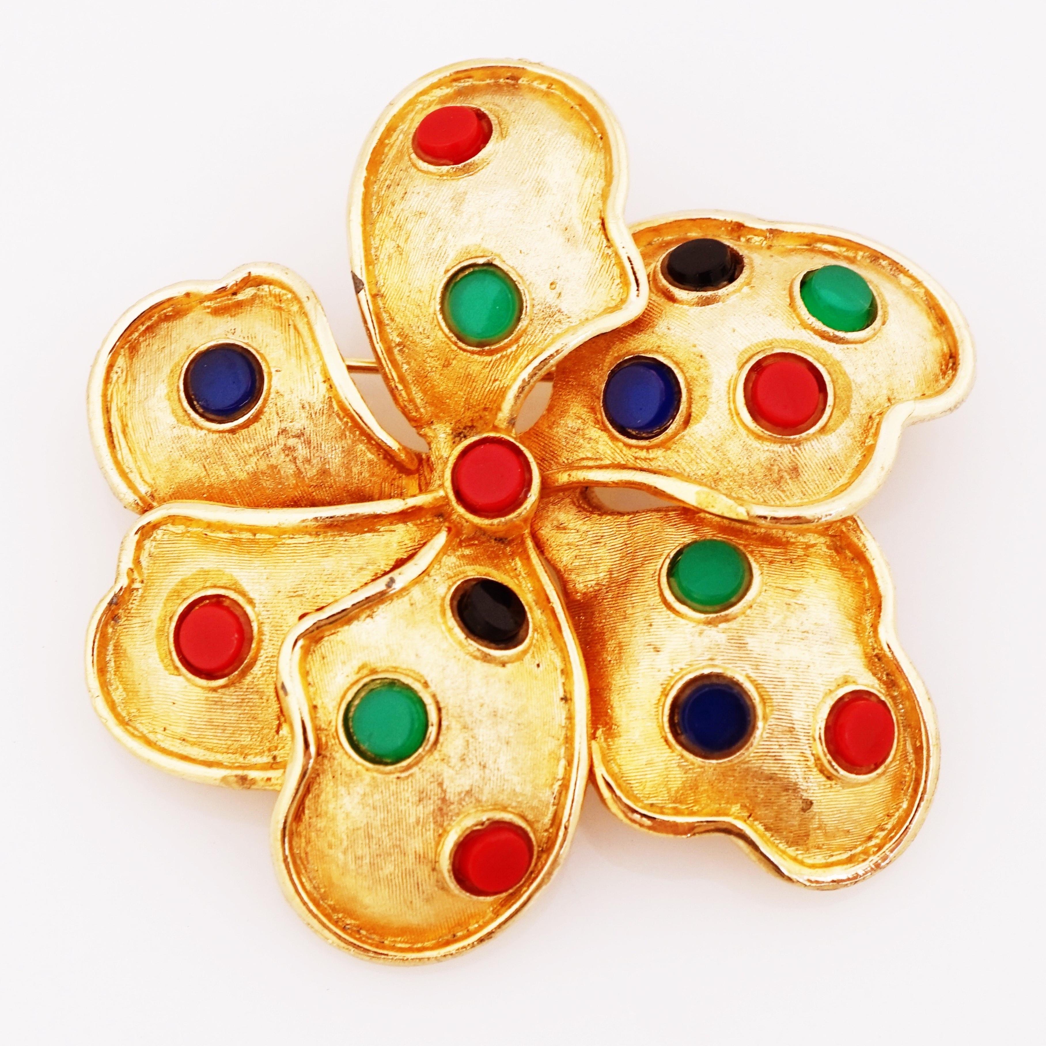 Modern Gilded Mughal Style Flower Brooch With Jewel Tone Cabochons By Kramer, 1960s