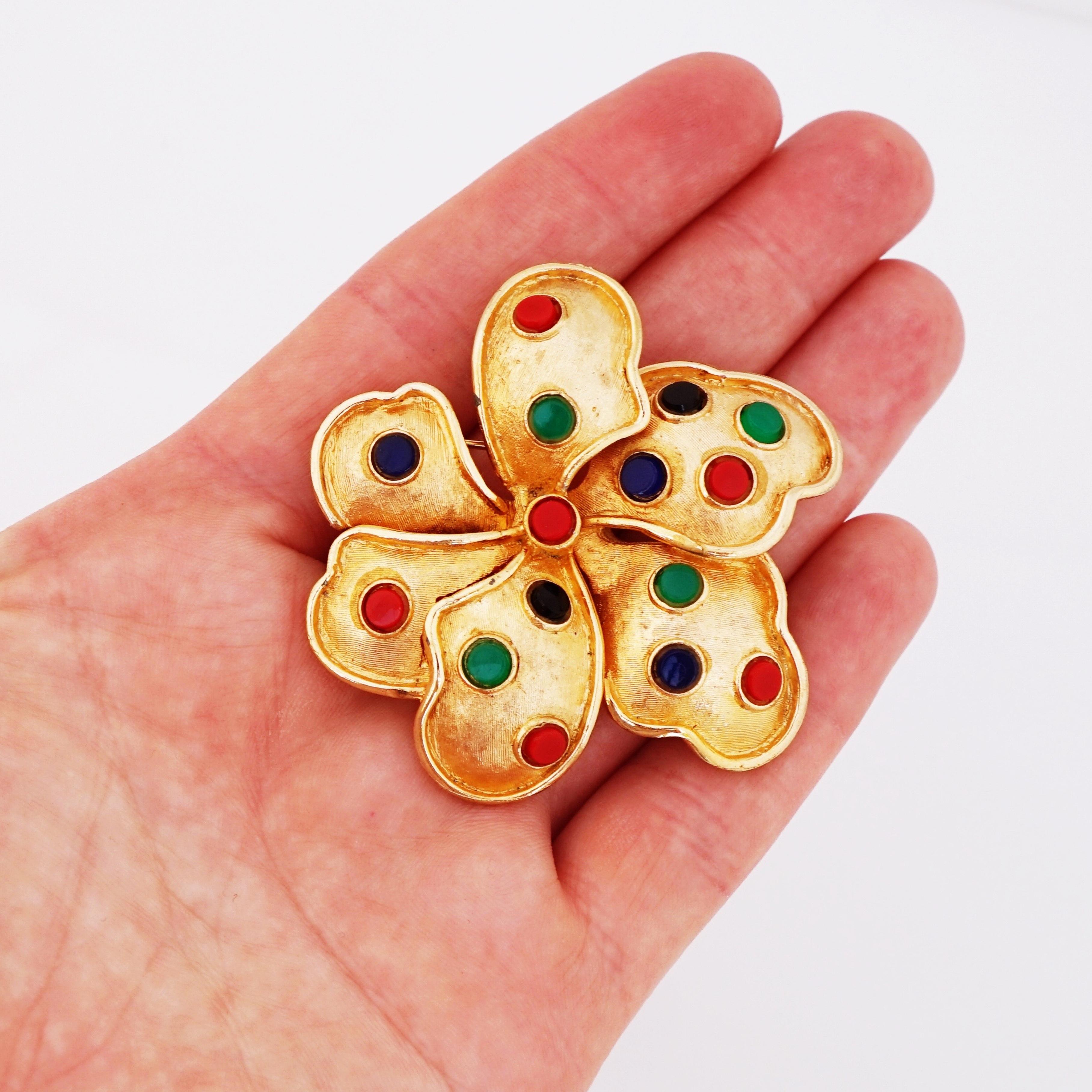 Gilded Mughal Style Flower Brooch With Jewel Tone Cabochons By Kramer, 1960s 2