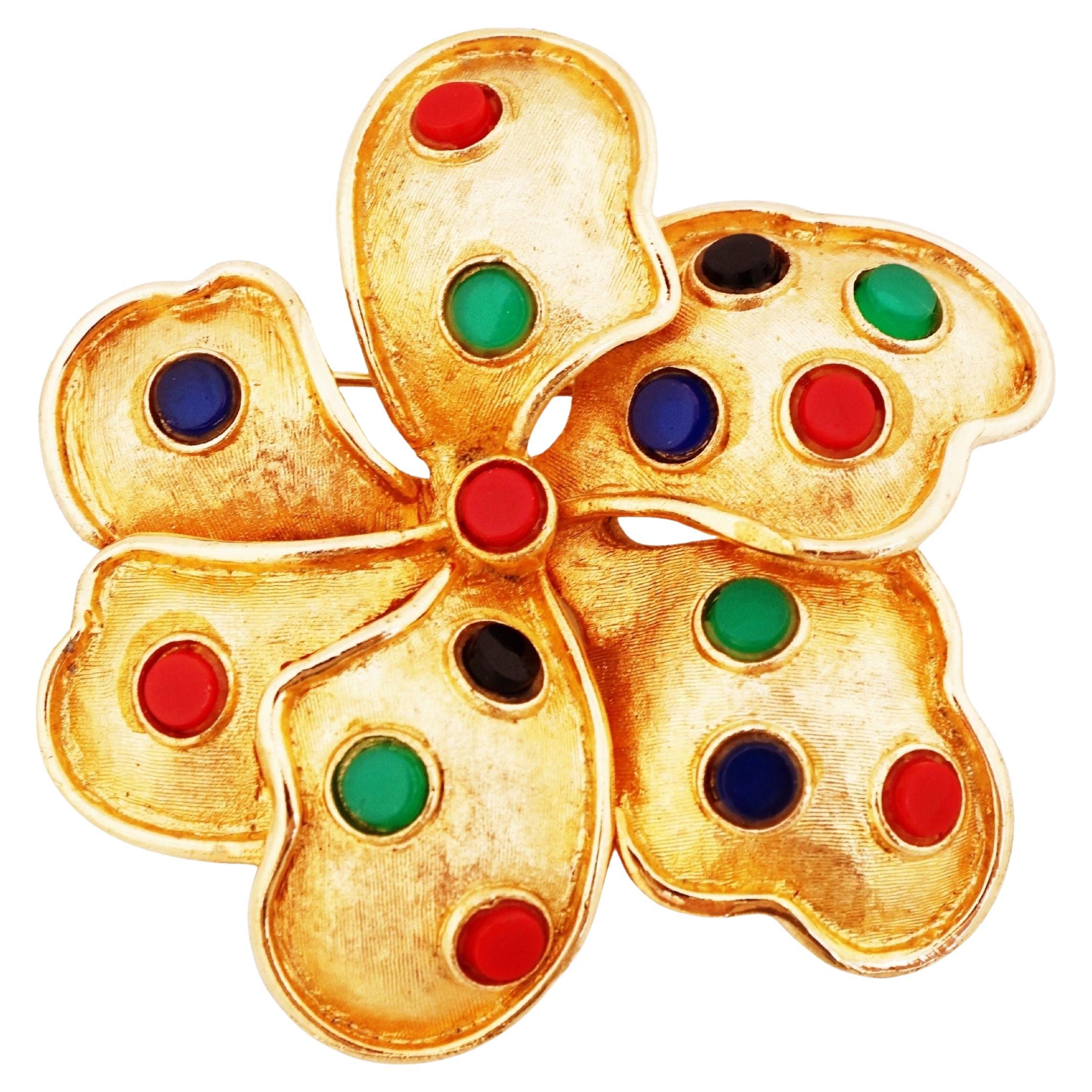 Gilded Mughal Style Flower Brooch With Jewel Tone Cabochons By Kramer, 1960s