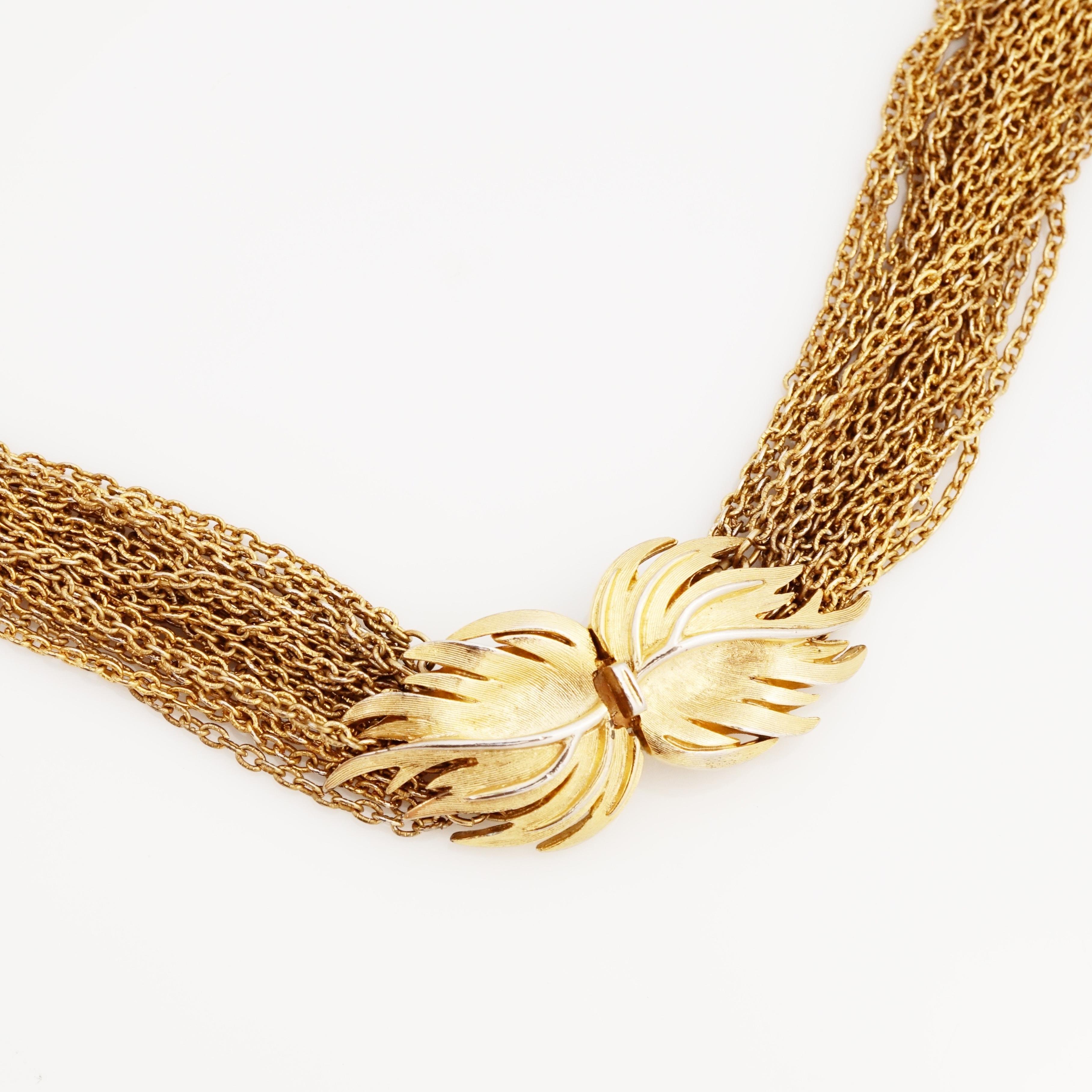 Modern Gilded Multi Chain Necklace With Leaf Clasp By Crown Trifari, 1950s For Sale