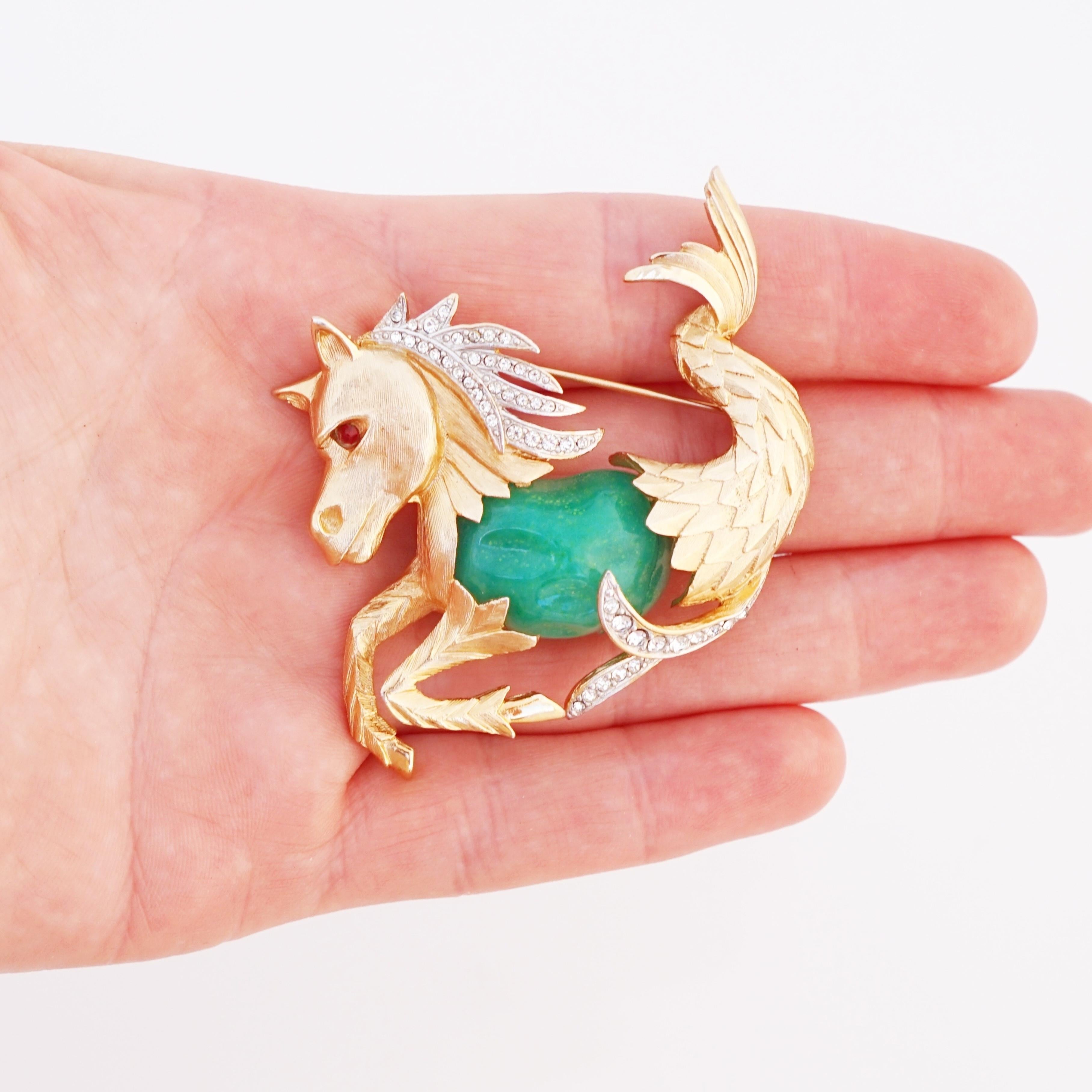 Modern Gilded Mythical Merhorse Figural Brooch With Faux Jade Belly By Kramer, 1950s For Sale
