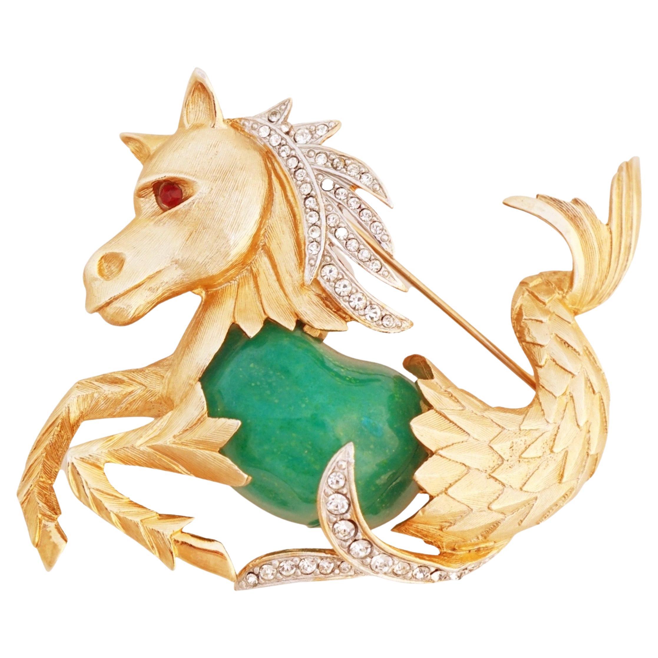 Gilded Mythical Merhorse Figural Brooch With Faux Jade Belly By Kramer, 1950s For Sale