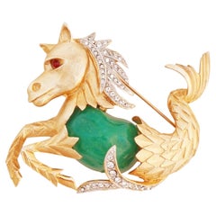 Gilded Mythical Merhorse Figural Brooch With Faux Jade Belly By Kramer, 1950s